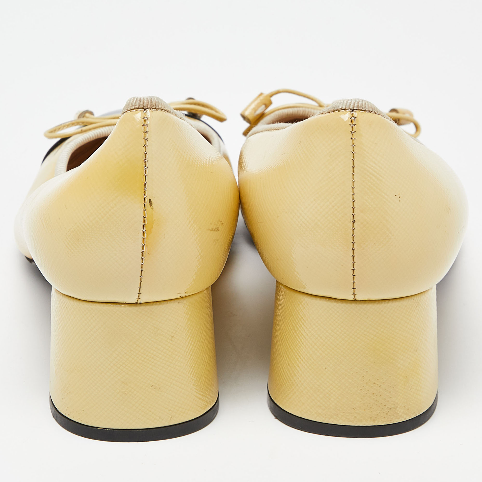 Prada Yellow/Black Patent Leather Bow Block Heel Pumps Size 38.5