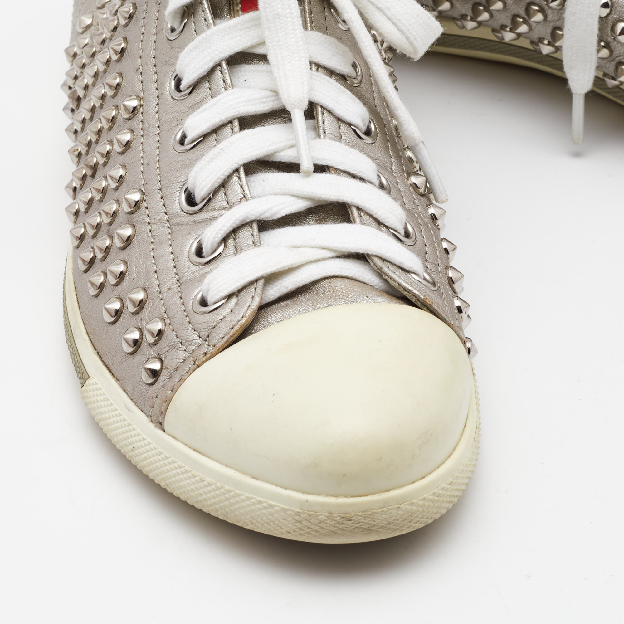 Prada Silver Leather Stud High Top Sneakers Size 40