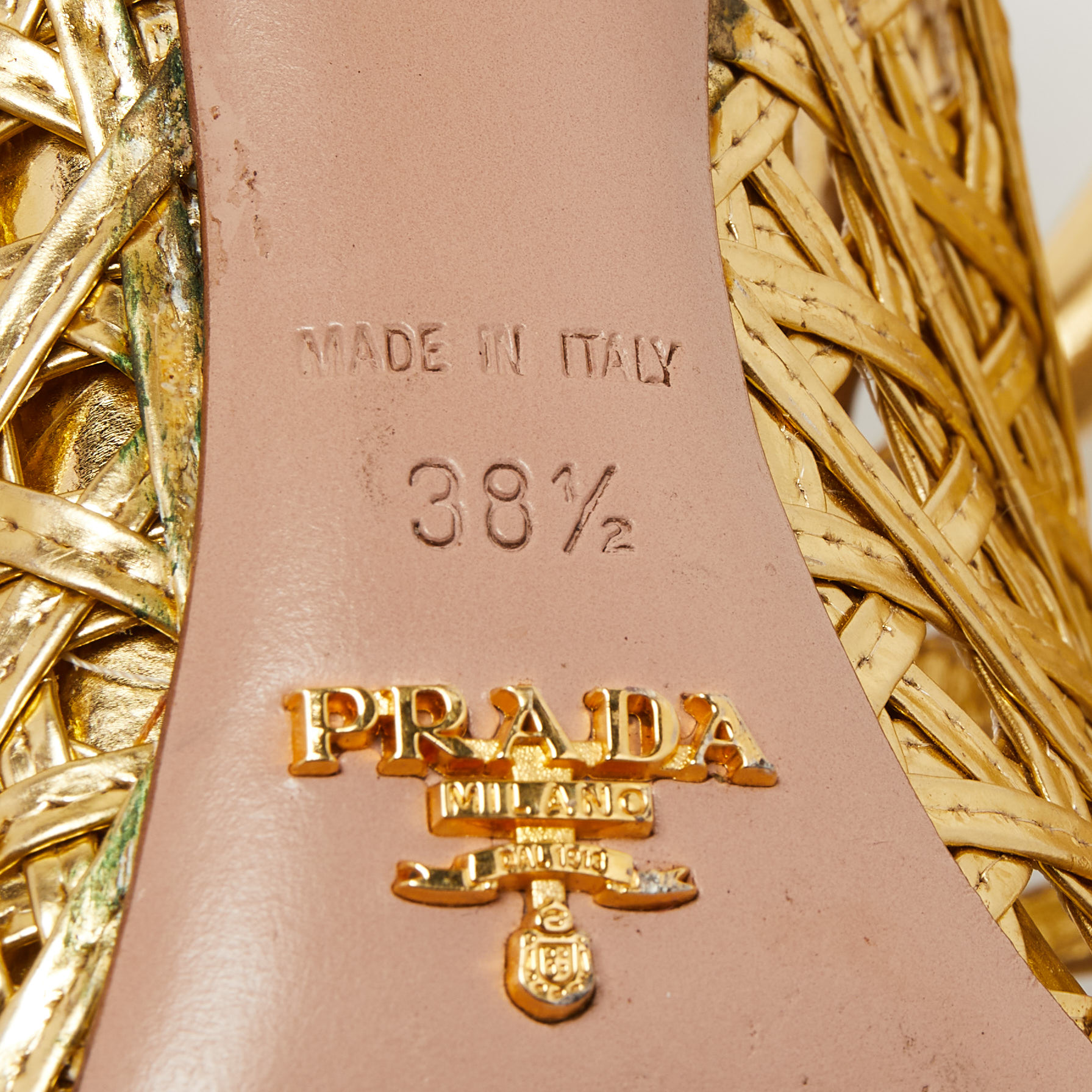Prada Gold Leather Bow Open Toe Caged Sandals Size 38.5