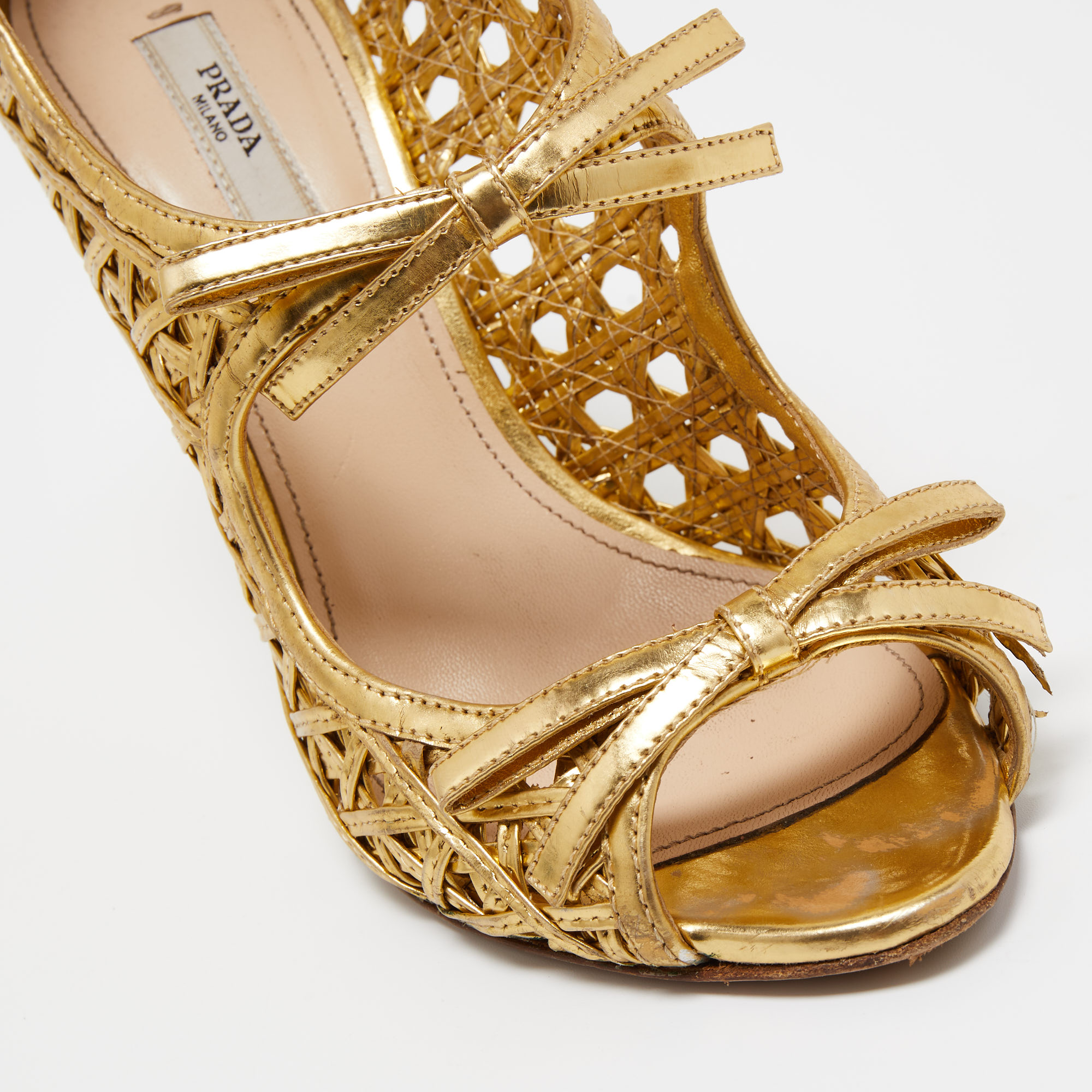 Prada Gold Leather Bow Open Toe Caged Sandals Size 38.5