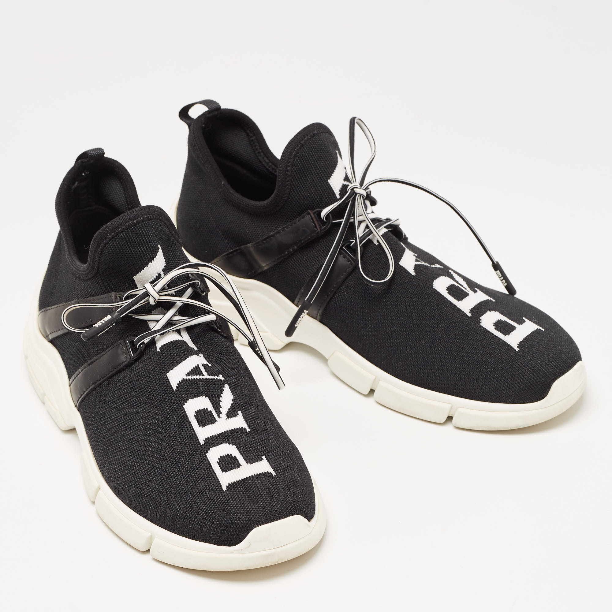 Prada Black Logo Knit Fabric Low Top Sneakers Size 38
