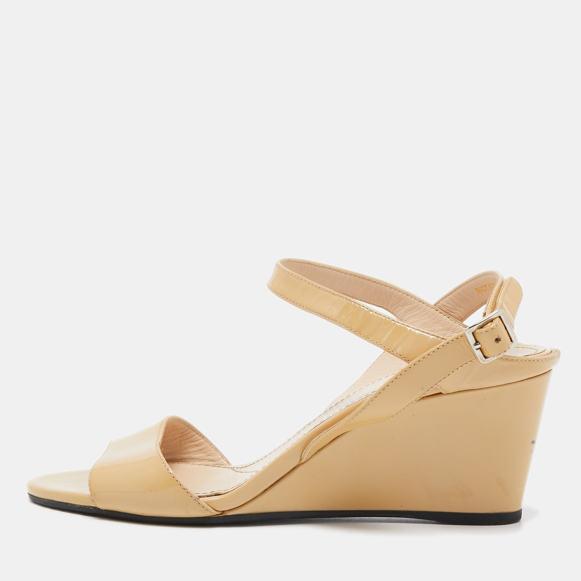 Prada Beige Patent Leather Wedge Ankle Strap Sandals Size 37.5