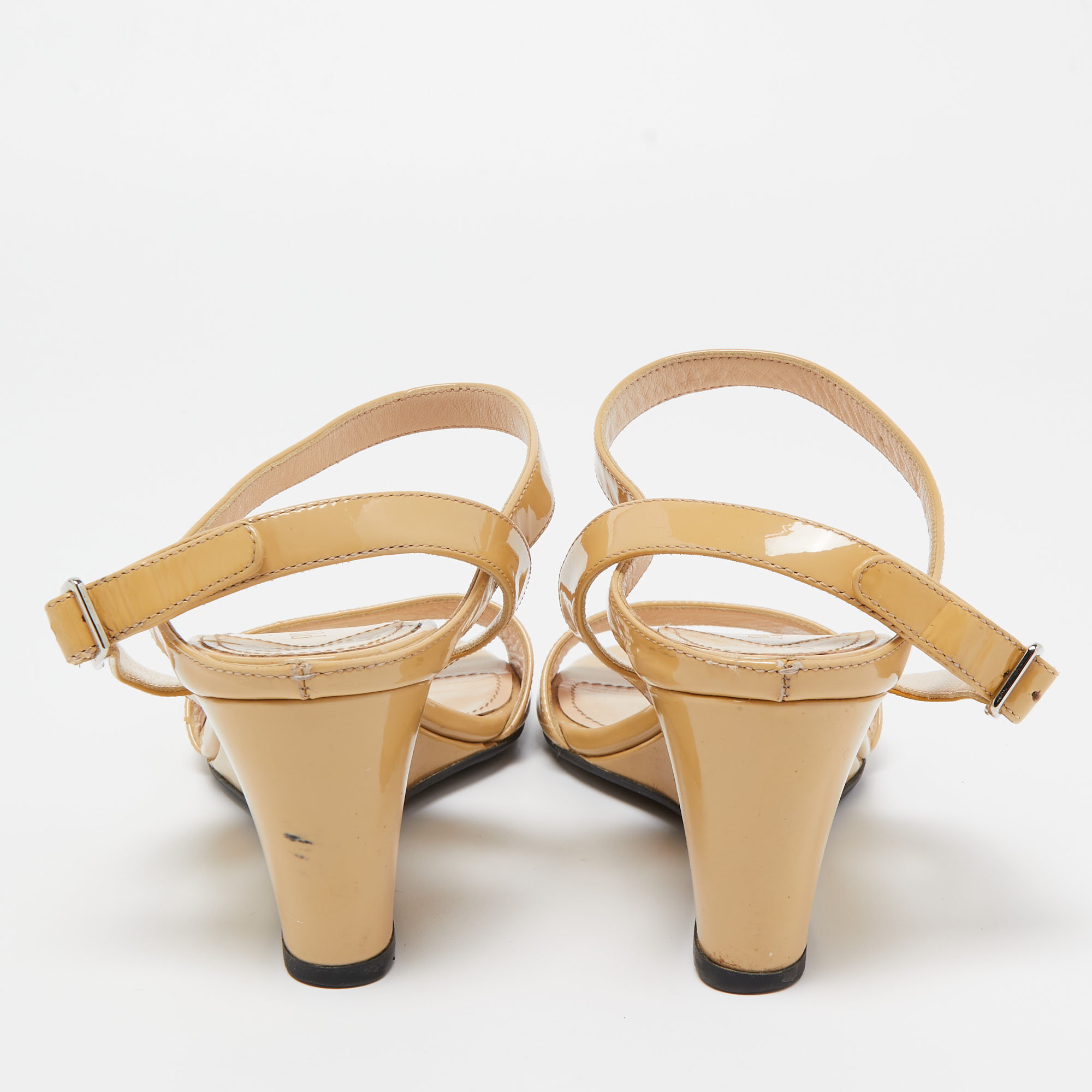 Prada Beige Patent Leather Wedge Ankle Strap Sandals Size 37.5