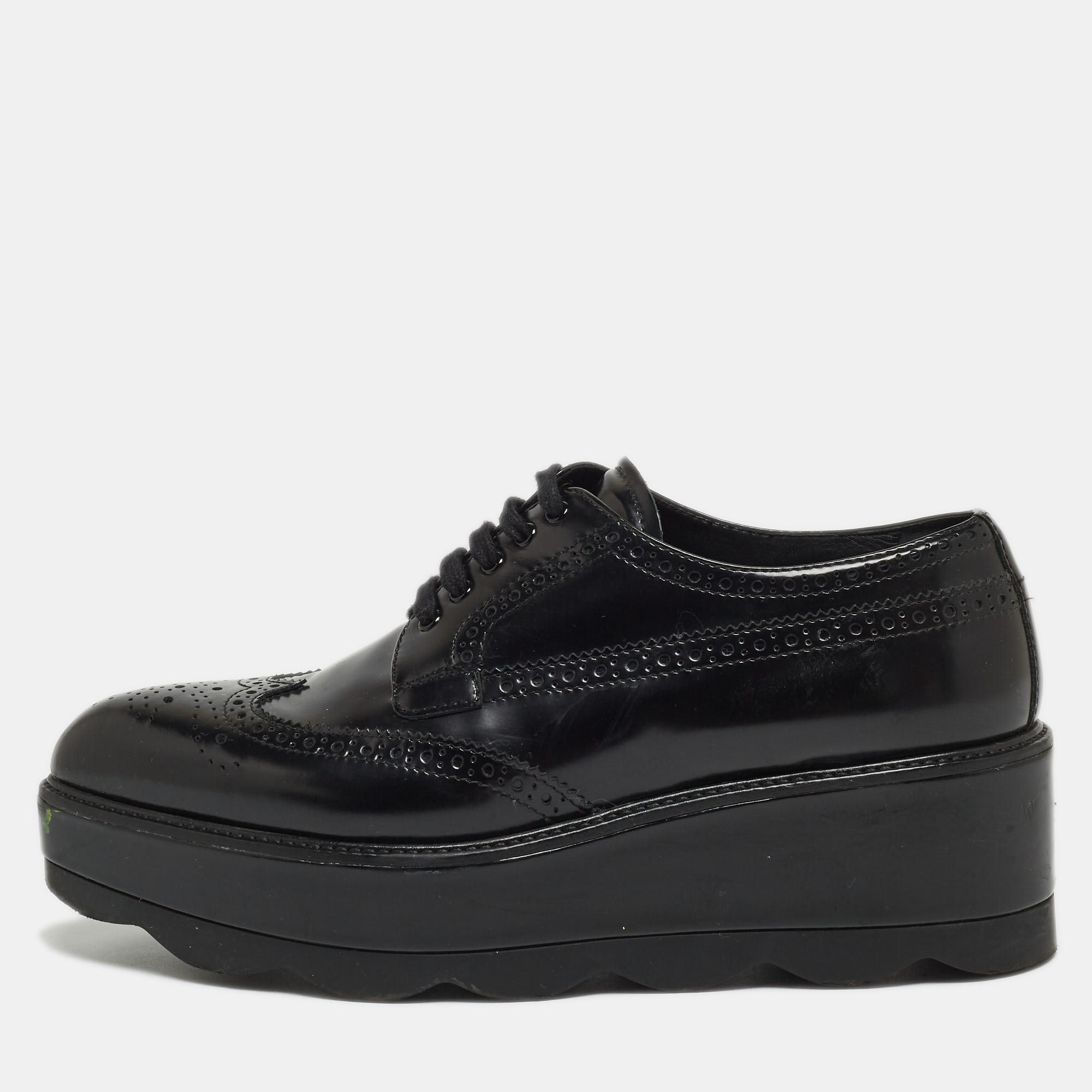 Prada Black Brogue Leather Platform Lace Up Wedge Platform Sneakers Size 39