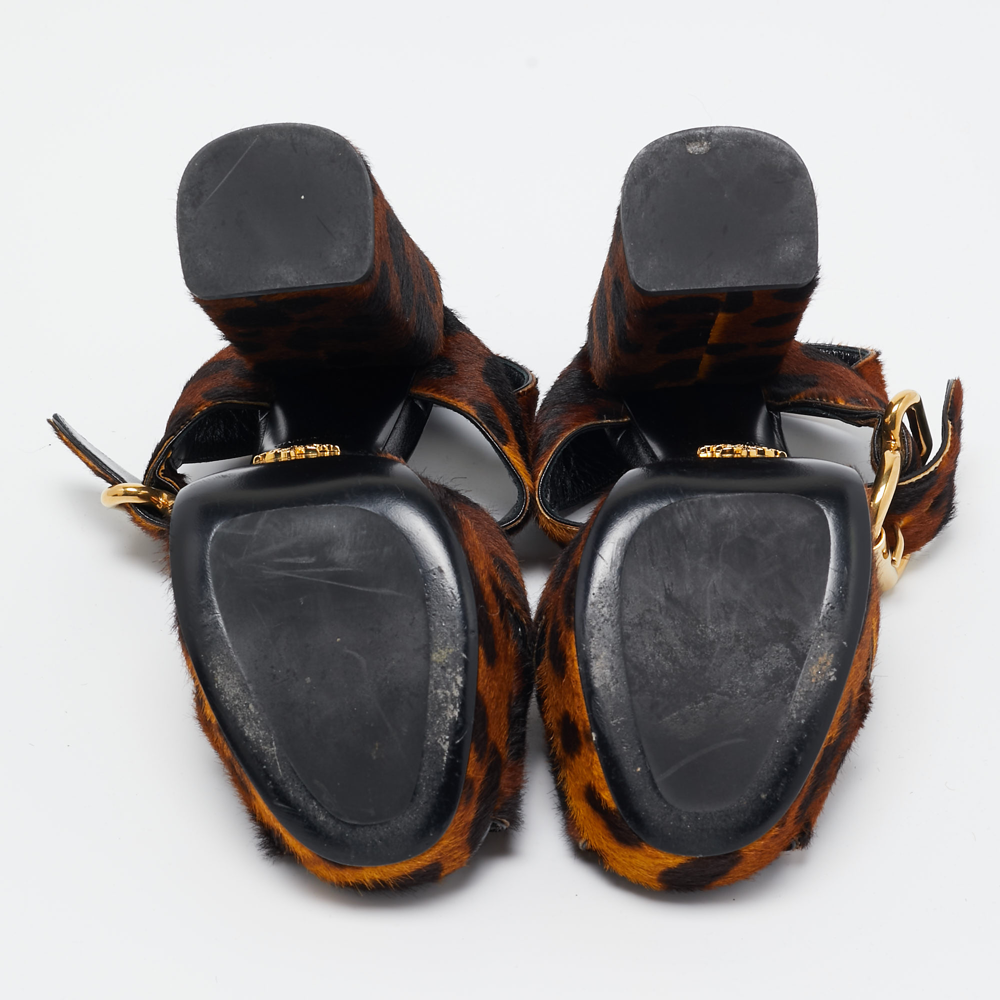 Prada Two Tone Leopard Print Calf Hair Platform Ankle Strap Sandals Size 36