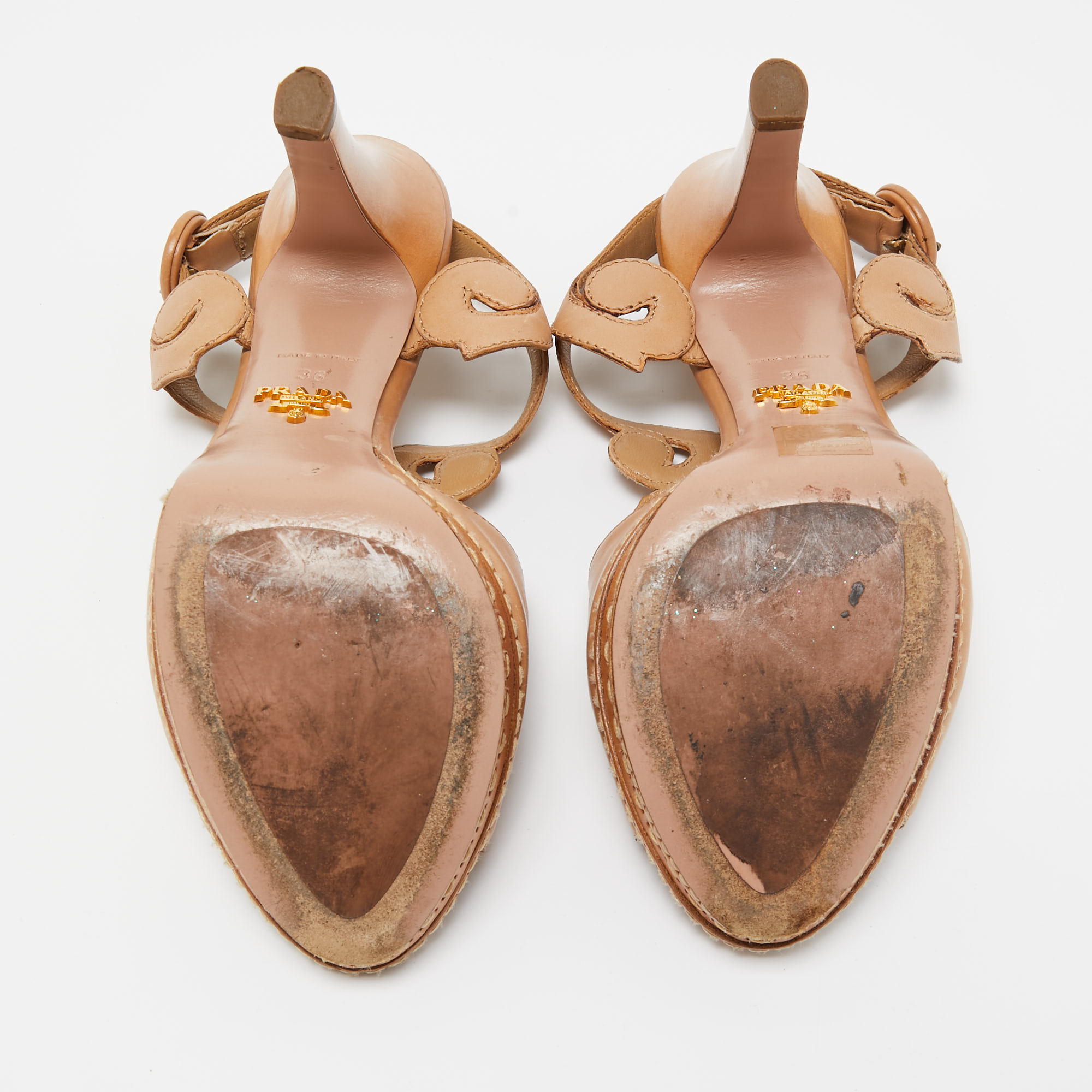 Prada Light Brown Leather Cut Out Platform Ankle Strap Sandals Size 36