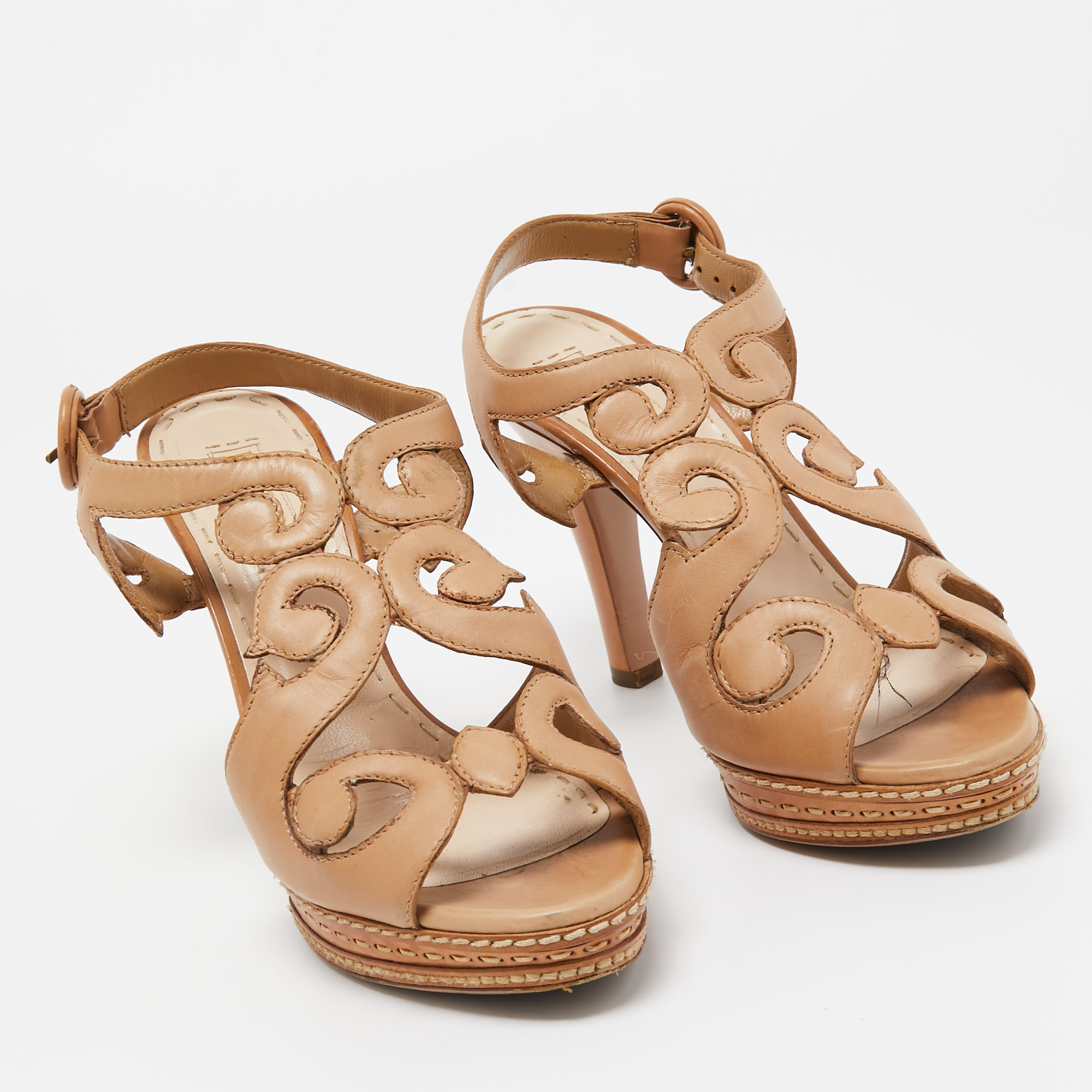 Prada Light Brown Leather Cut Out Platform Ankle Strap Sandals Size 36