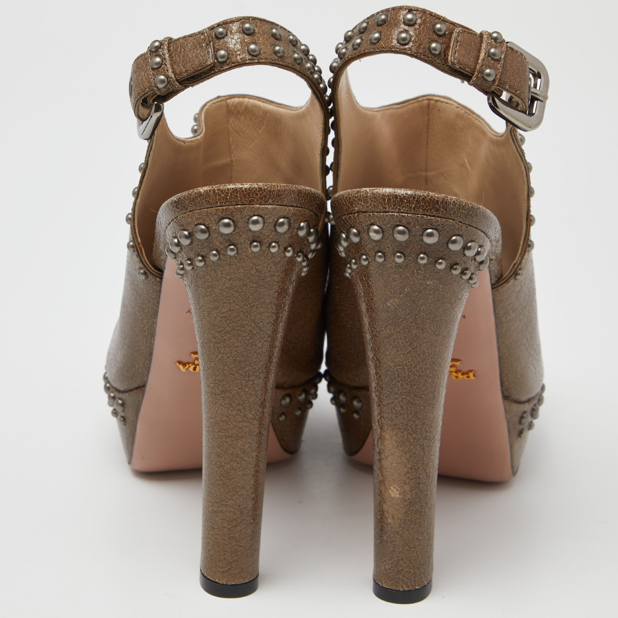 Prada Brown Textured Leather Studded Platform Slingback Sandals Size 38.5