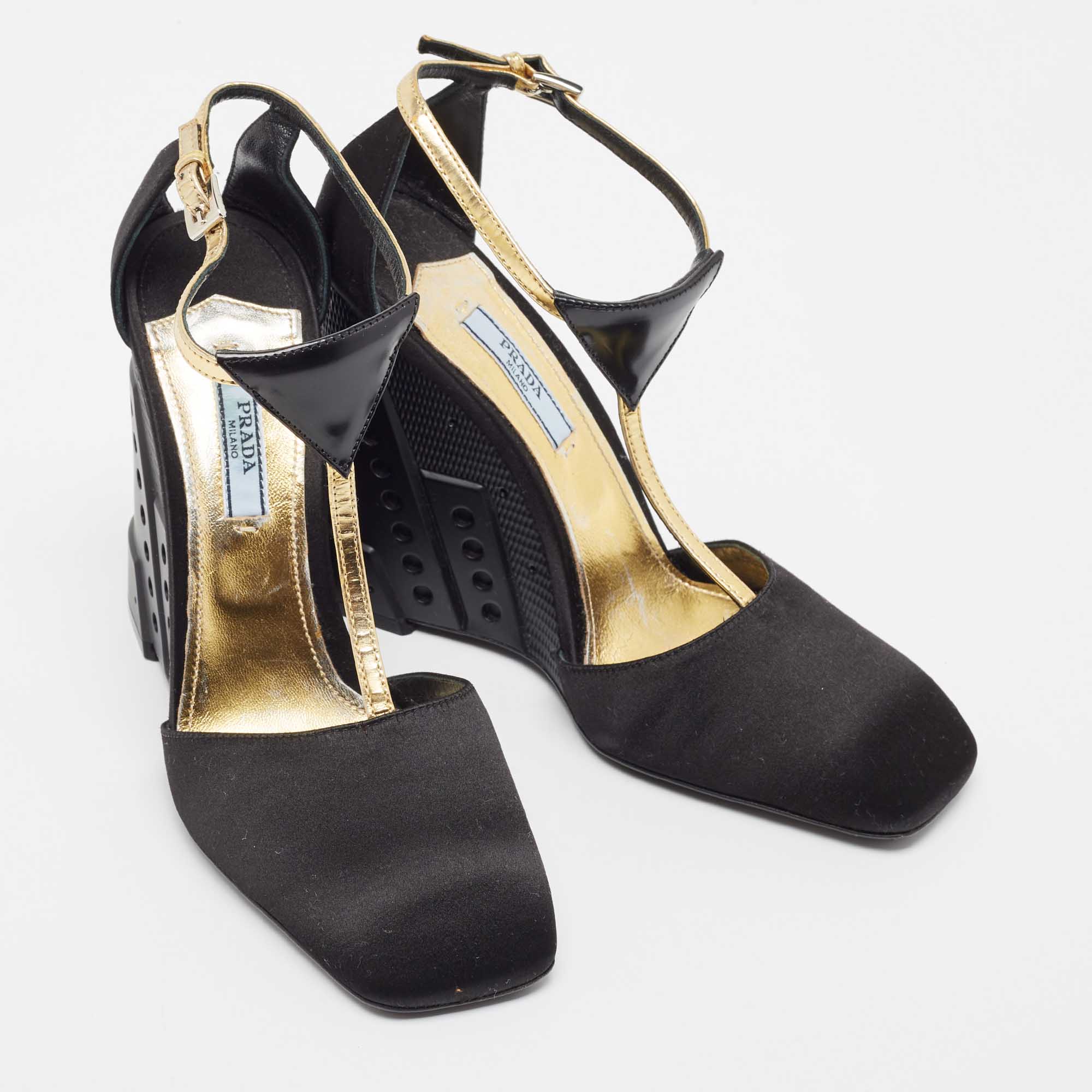 Prada Black/Gold Suede And Leather T Strap Metal Embossed Wedge Sandals Size 37.5