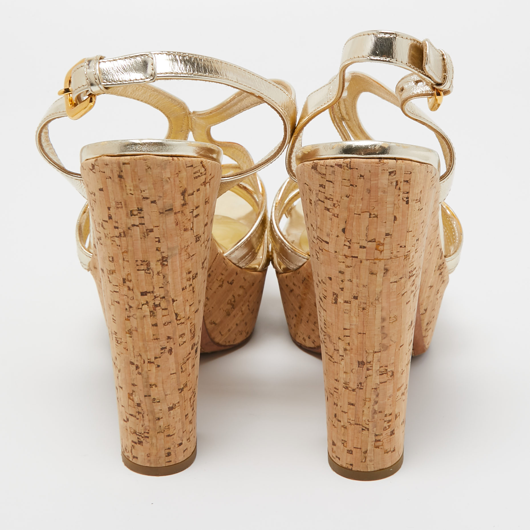 Prada Metallic Gold Leather Cork Waged Sandals Size 40