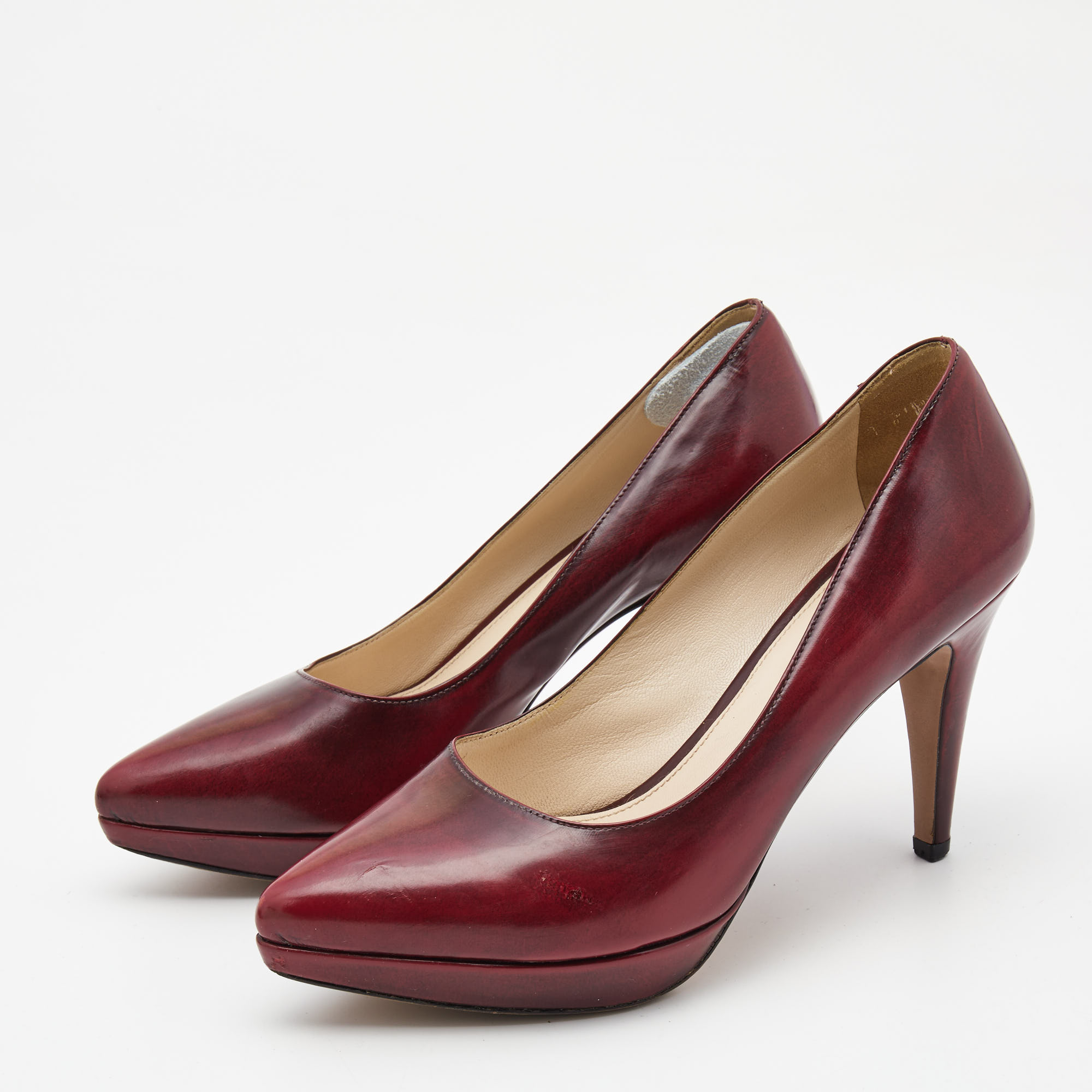 Prada Burgundy Leather Platform Pointed Toe Pumps Size 37