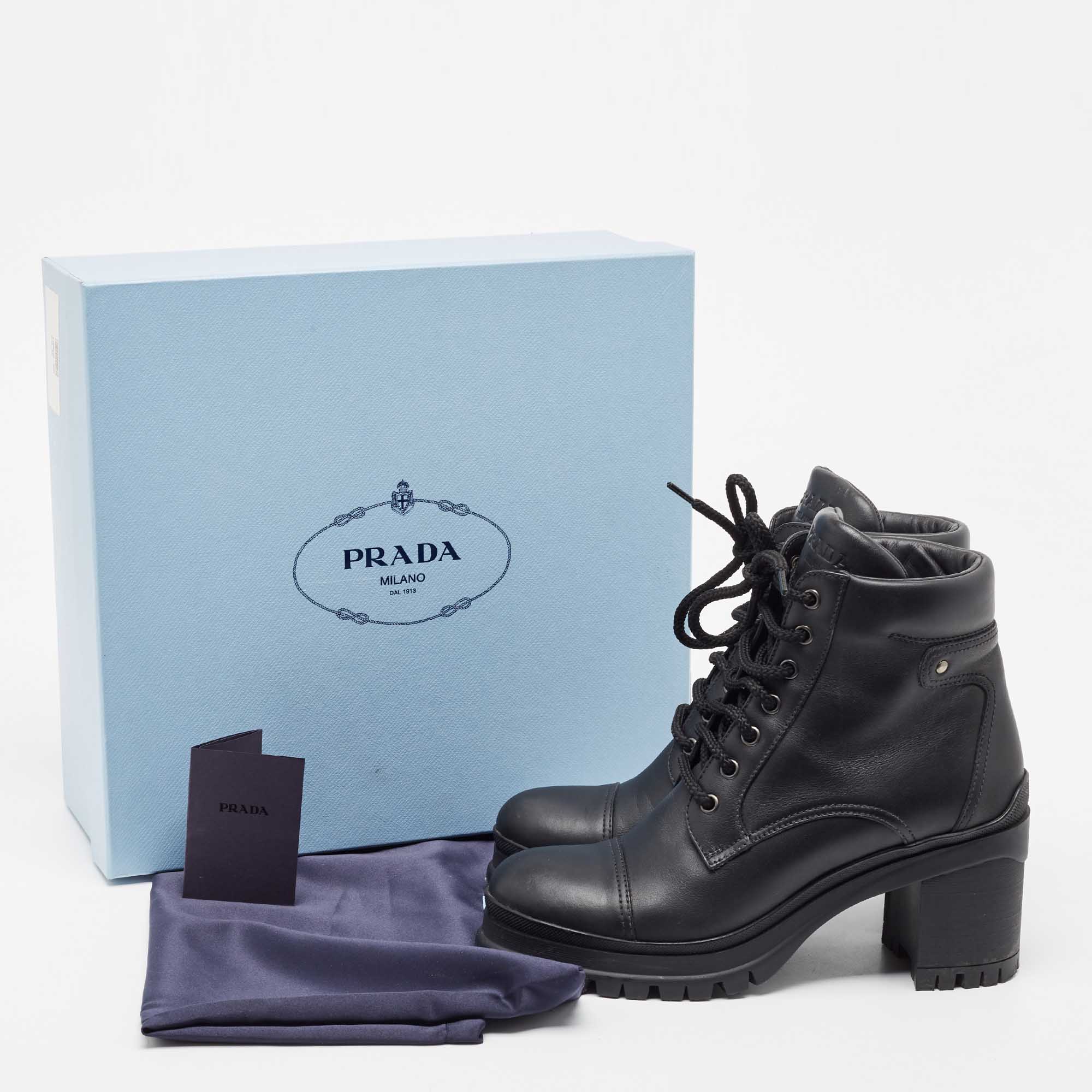 Prada Black Leather Lace Up Ankle Boots Size 39