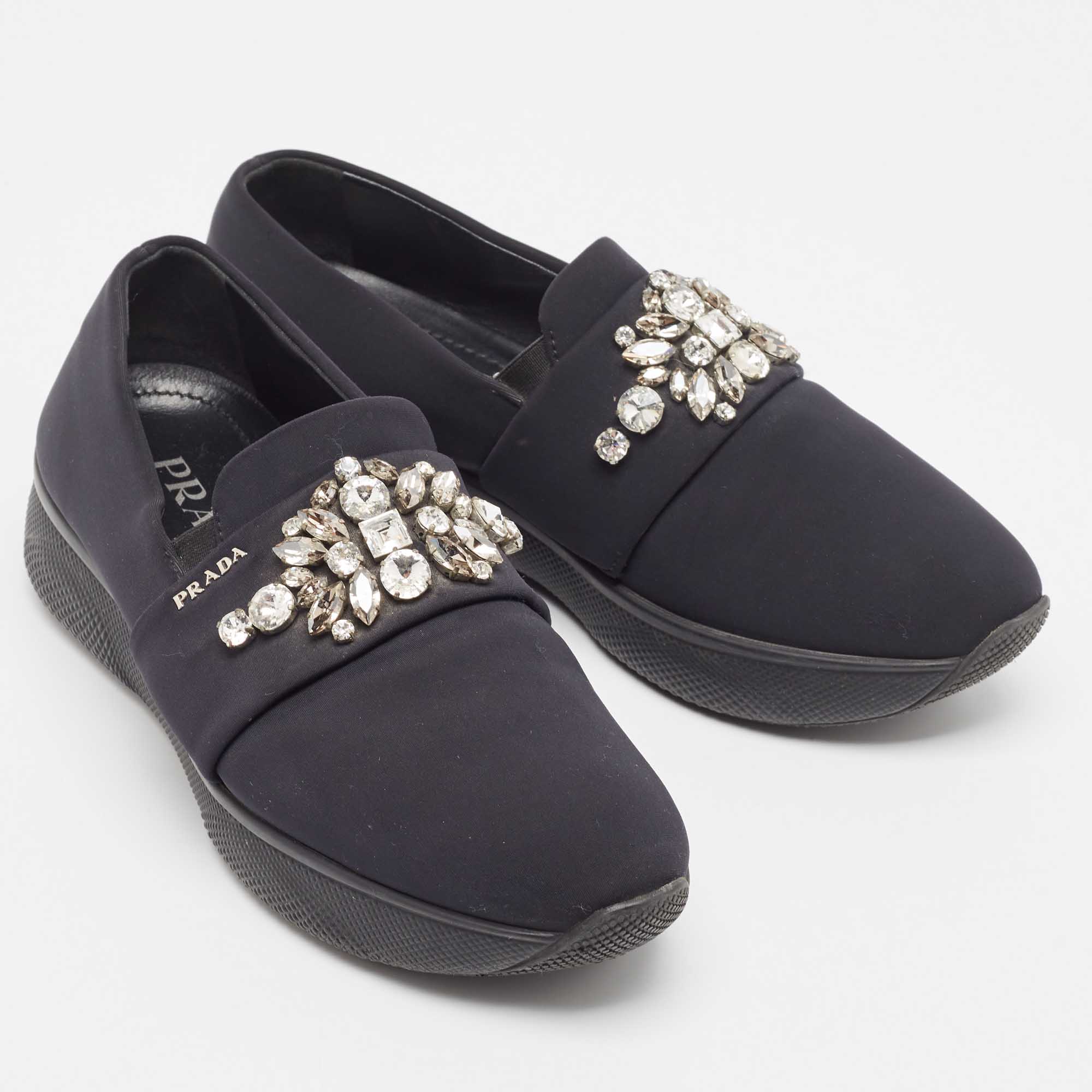Prada Black Neoprene Crystal Embellished Slip On Sneakers Size 39