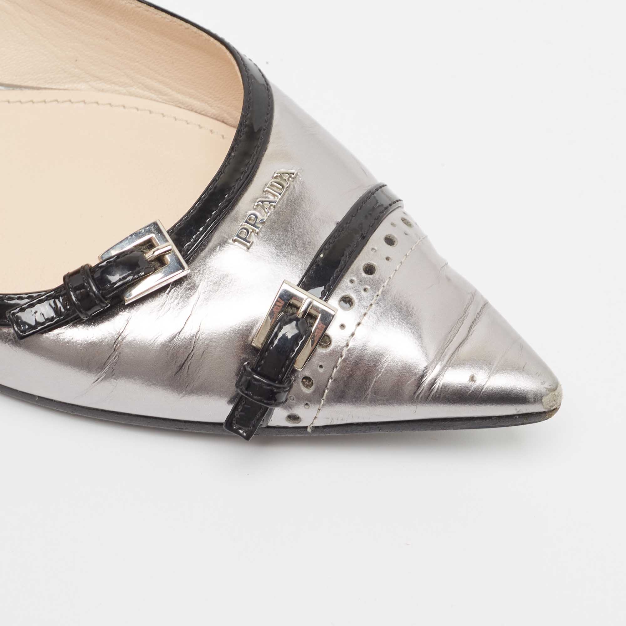 Prada Silver/Black Patent And Leather Buckle Detail Pointed Toe Ballet Flats Size 38.5