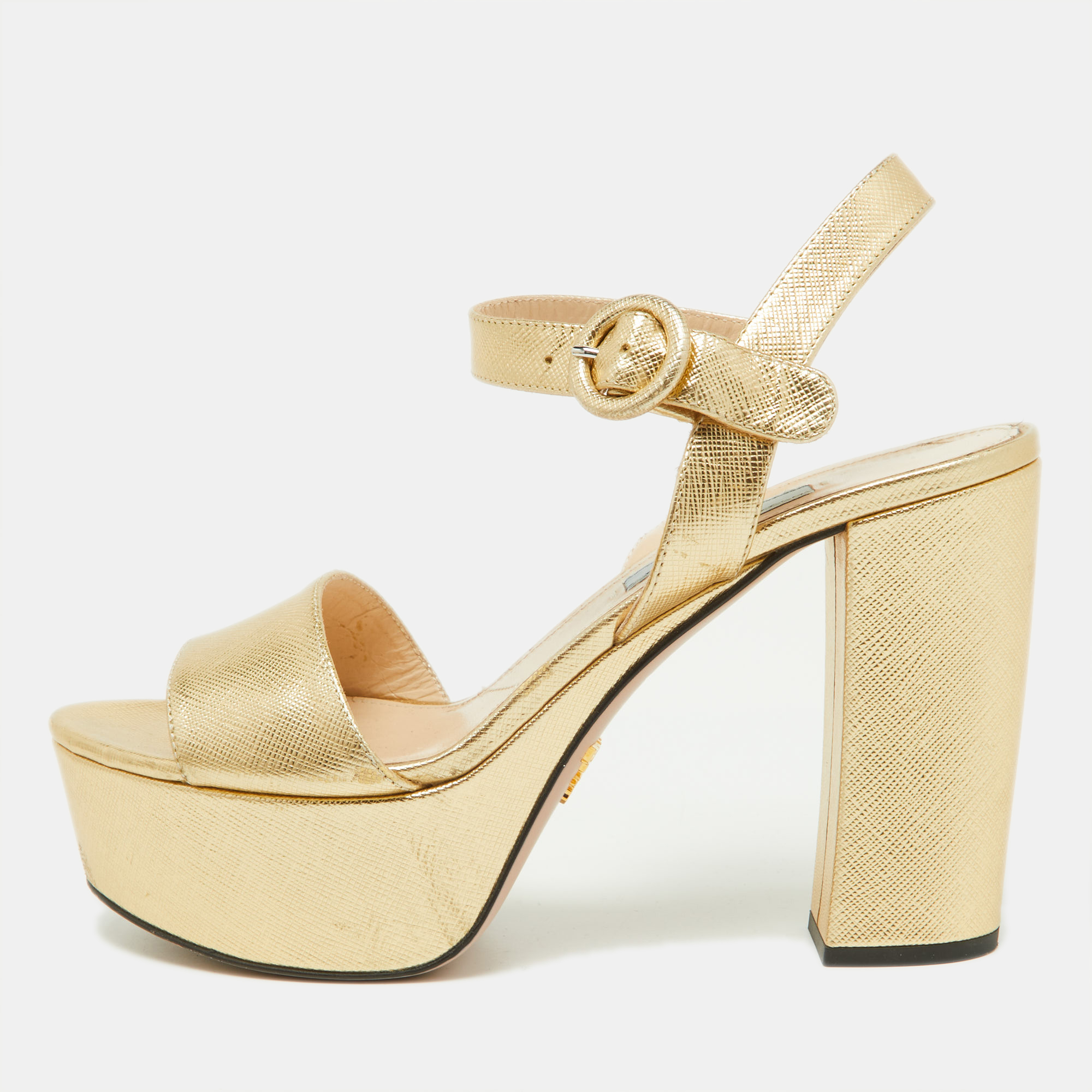 Prada Gold Leather Ankle Strap Block Heel Platform Sandals Size 36