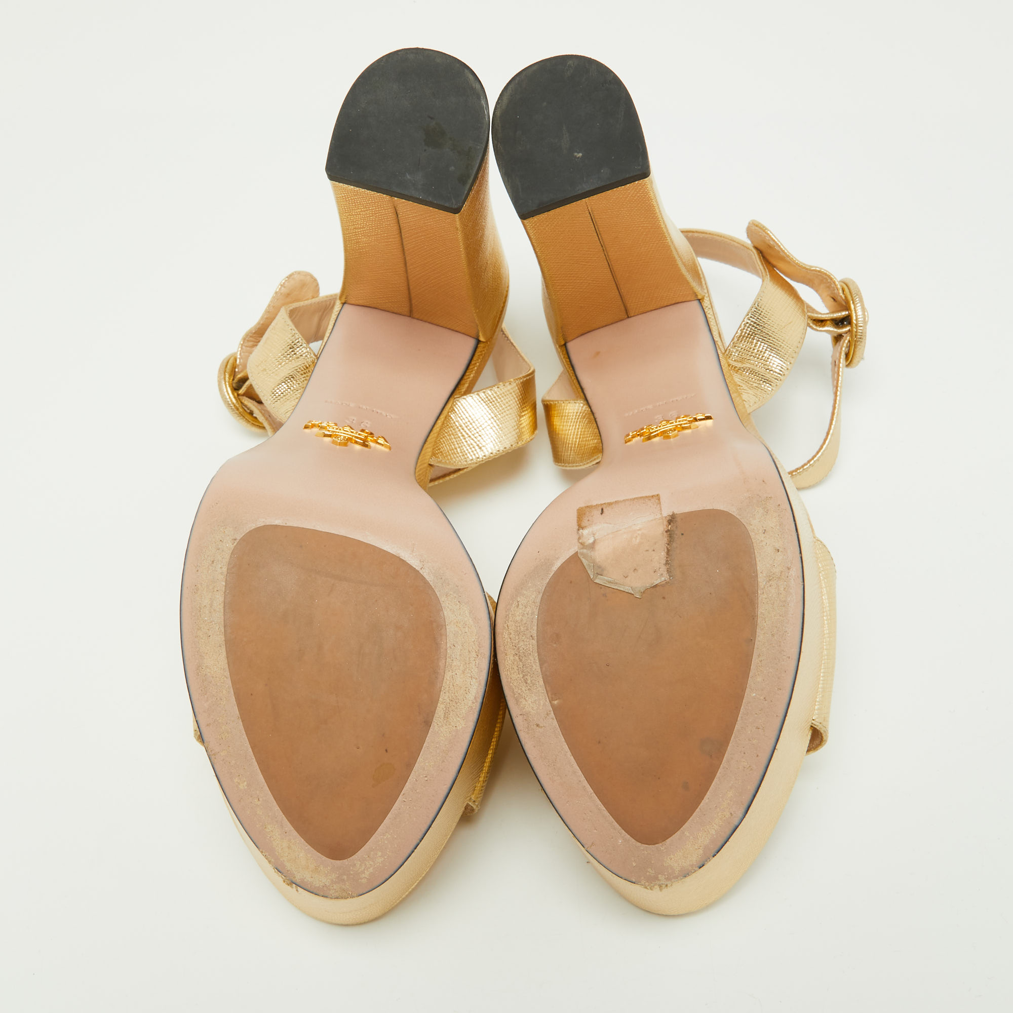 Prada Gold Leather Ankle Strap Block Heel Platform Sandals Size 36