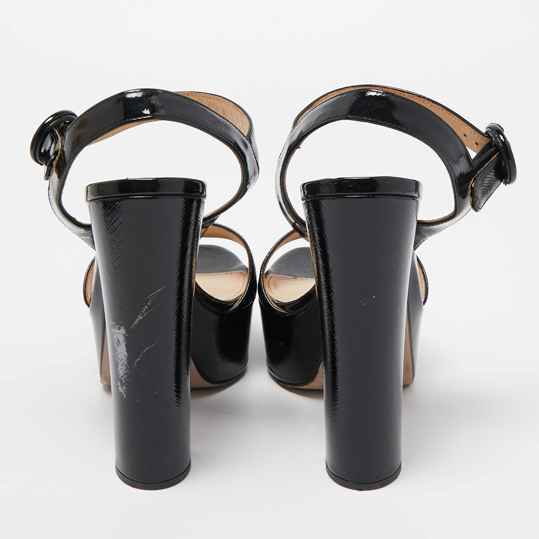 Prada Black Vernice Saffiano Leather Platform Ankle Strap Sandals Size 36