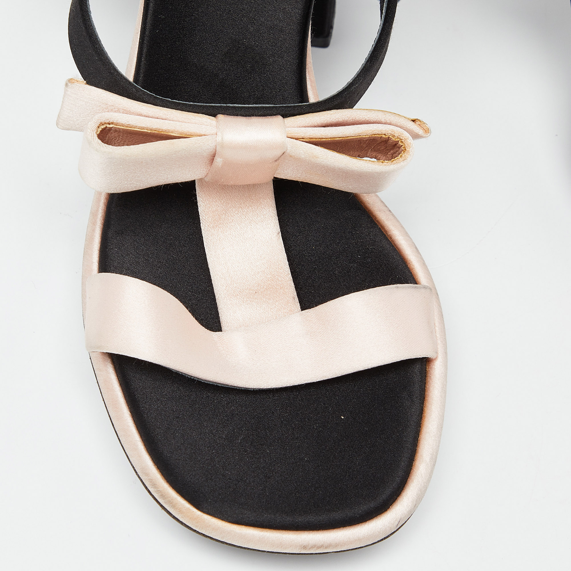 Prada Pink/Black Satin Bow T-Bar Ankle Strap Sandals Size 39