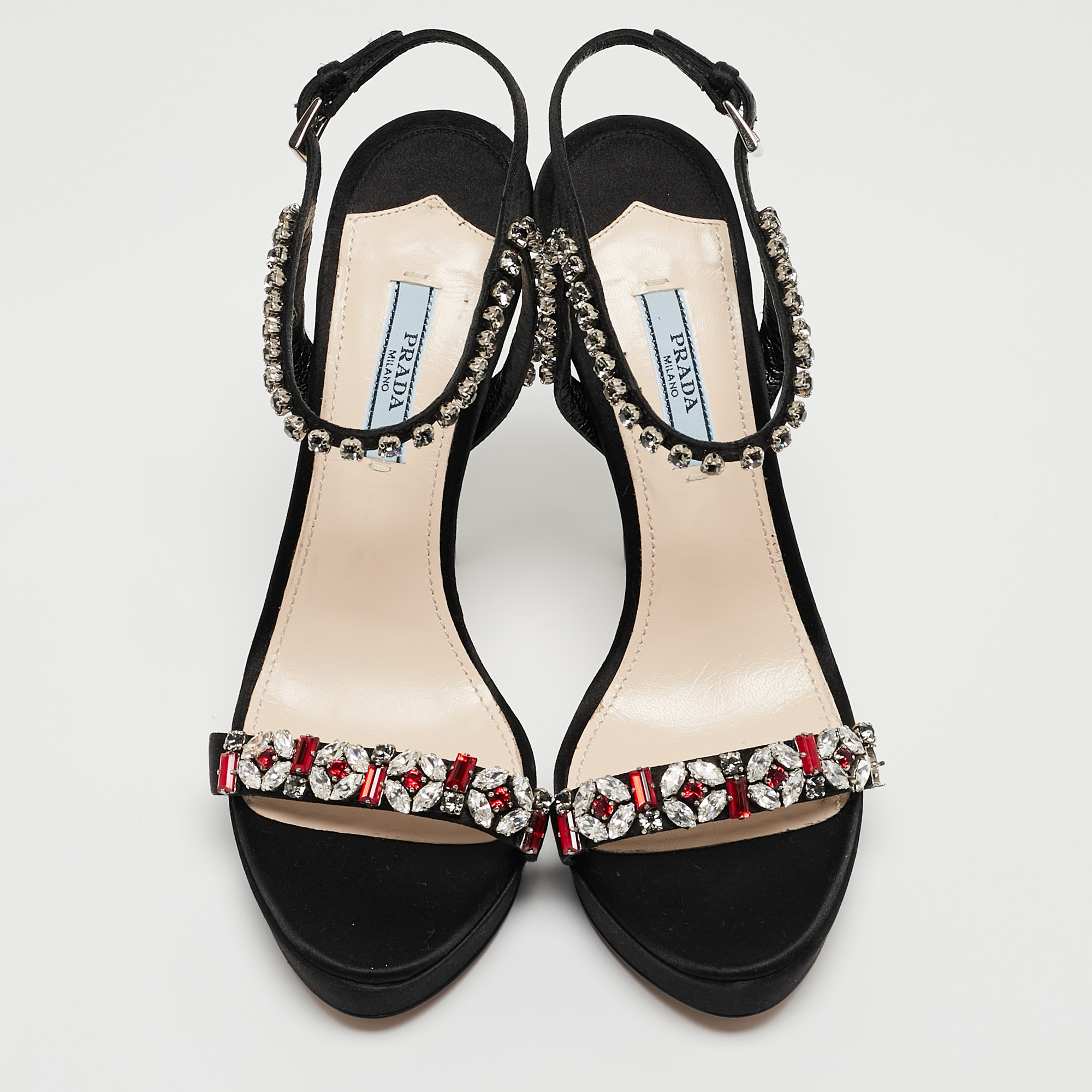 Prada Black Satin Crystal Embellished Ankle Strap Sandals Size 37