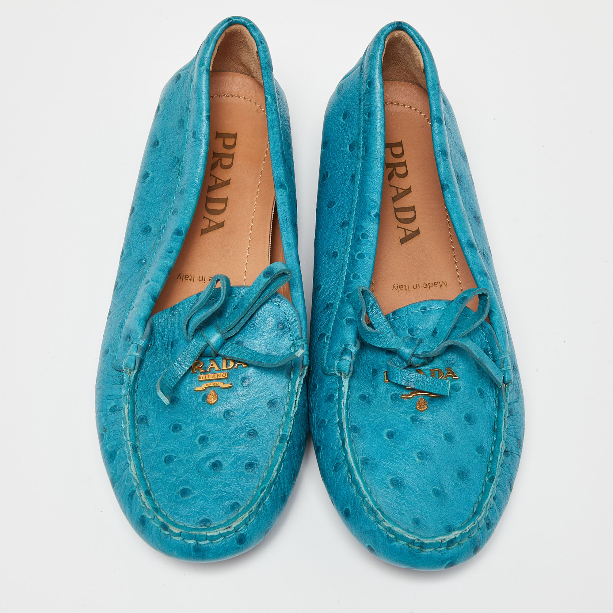 Prada Blue Embossed Ostrich Bow Slip On Loafers Size 36