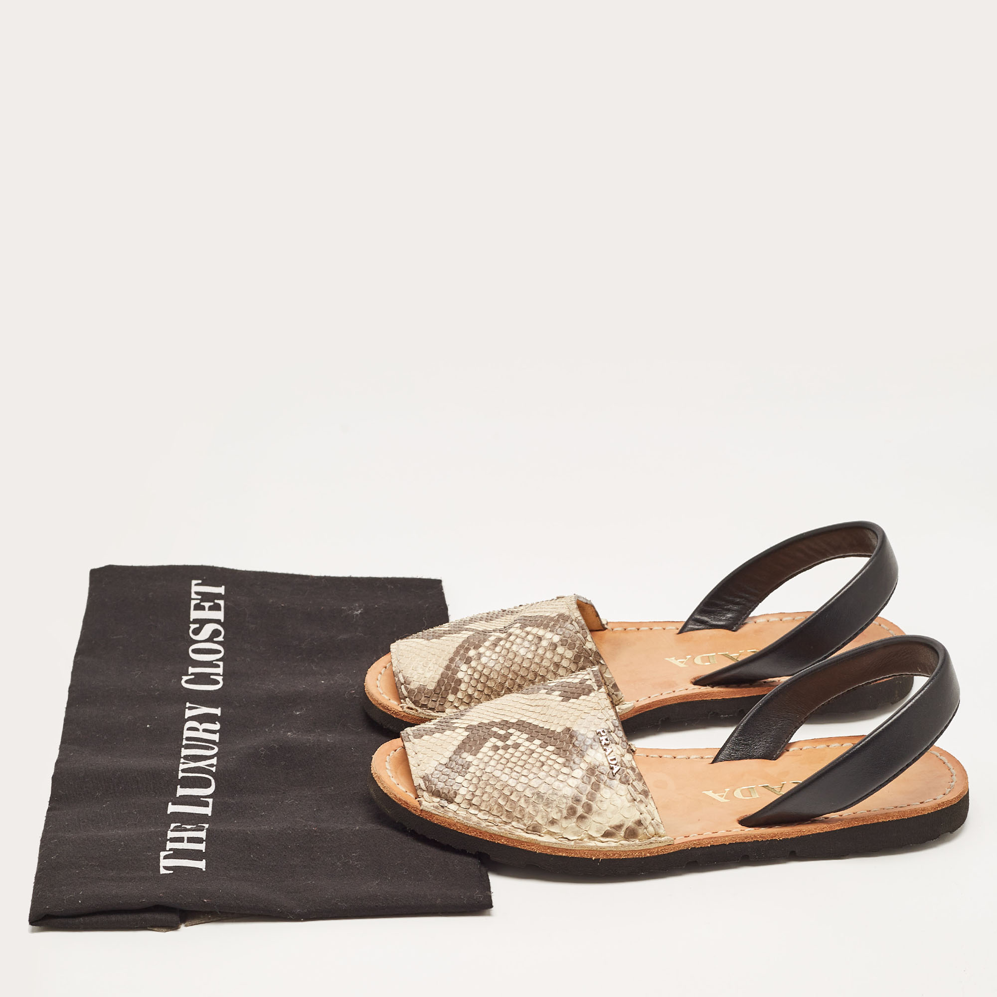.Prada Beige/Black Python And Leather Flat Slingback Sandals Size 37