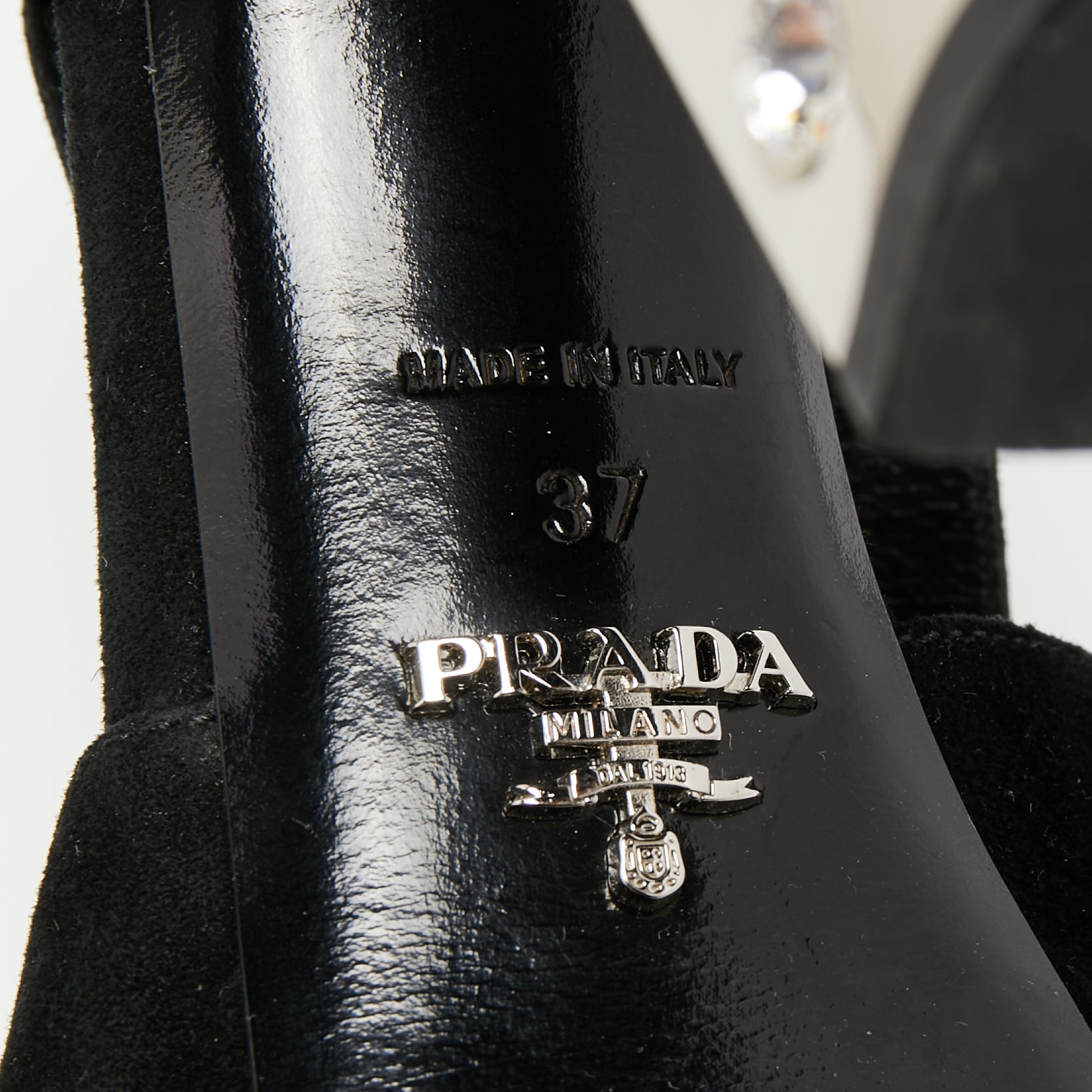 Prada Black Suede Crystal Embellished Heel Platform Slingback Sandals Size 37