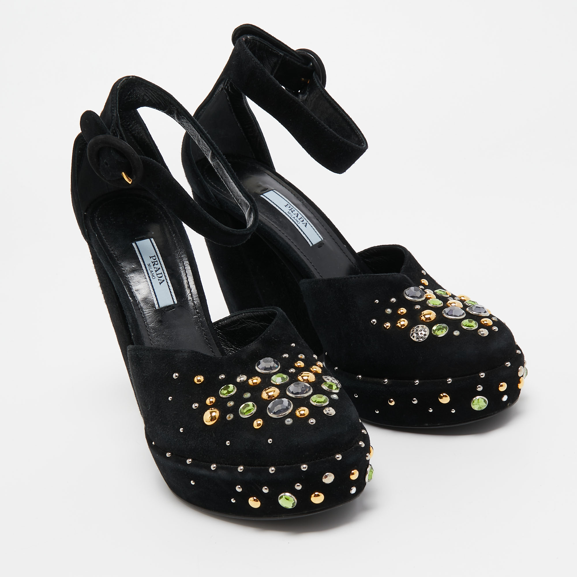 Prada Black Suede Crystal Embellished Ankle Strap Pumps Size 38.5