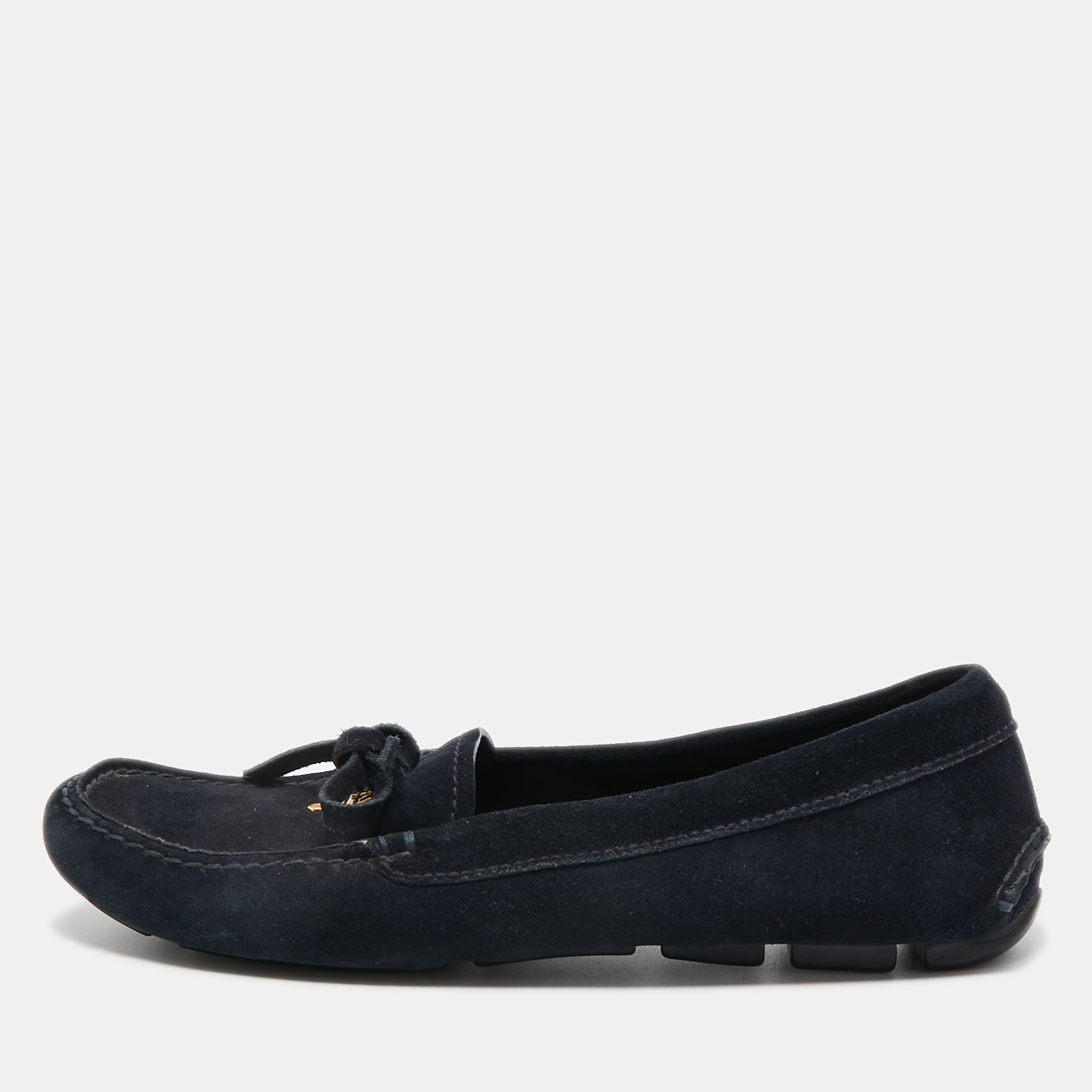 Prada dark blue suede bow slip on loafers size 35.5