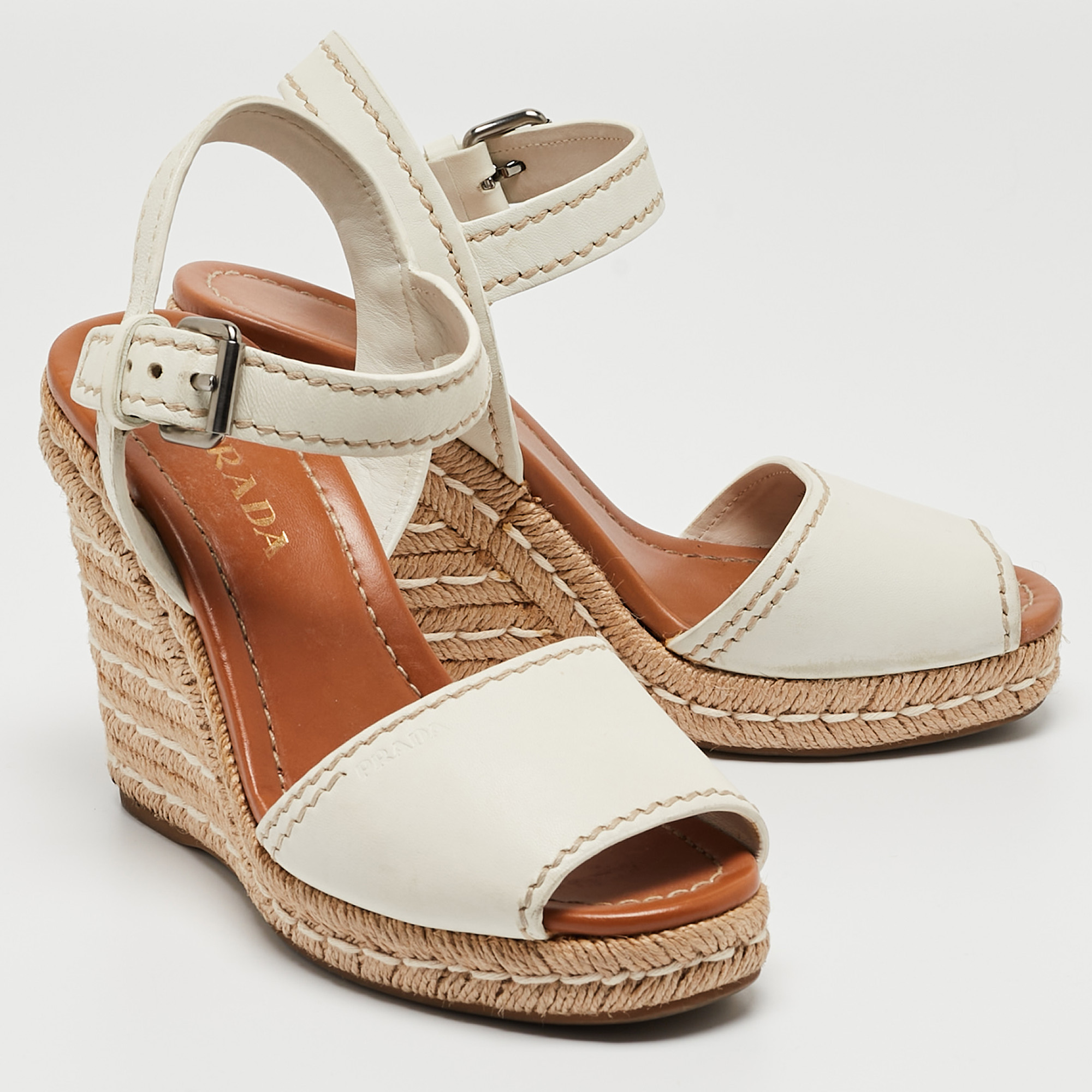 Prada White Leather Espadrille Wedge Ankle Strap Sandals Size 38