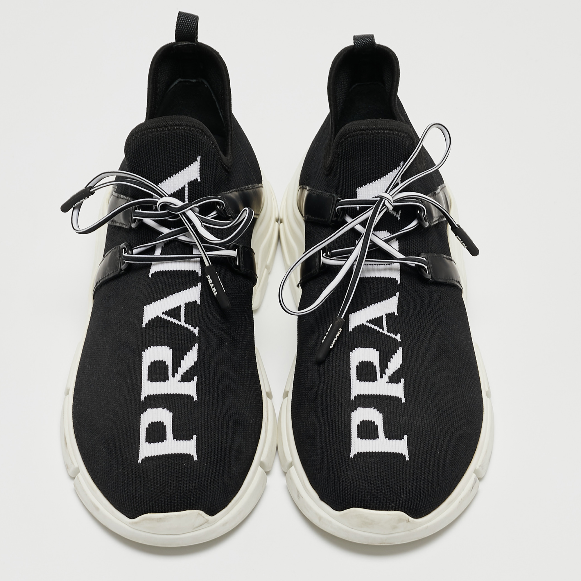 Prada Black/White Logo Knit Fabric Low Top Sneakers Size 38