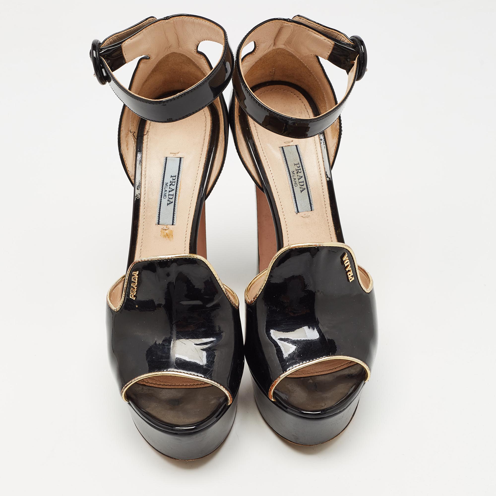 Prada Black Patent Leather Ankle Strap Platform Sandals Size 38