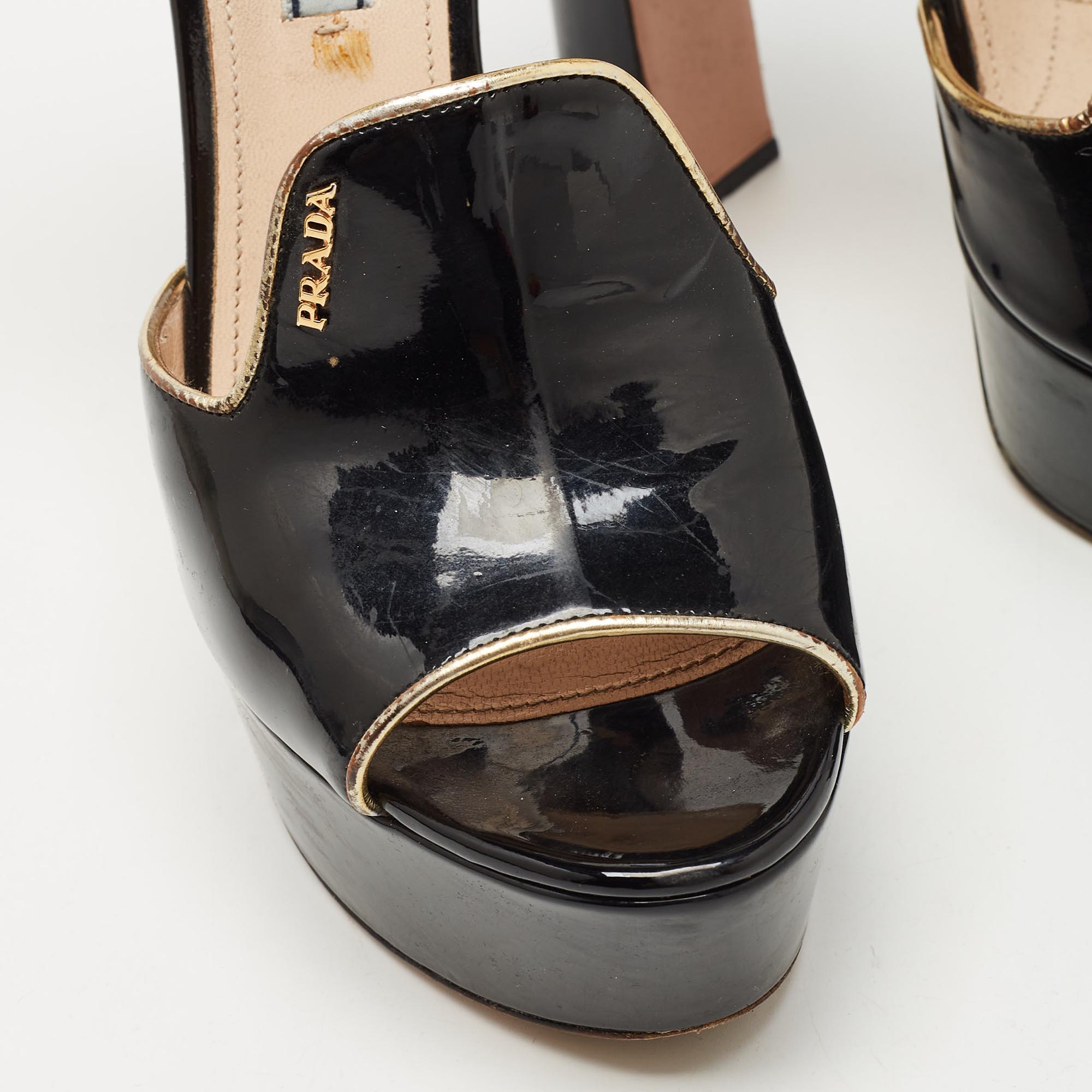 Prada Black Patent Leather Ankle Strap Platform Sandals Size 38