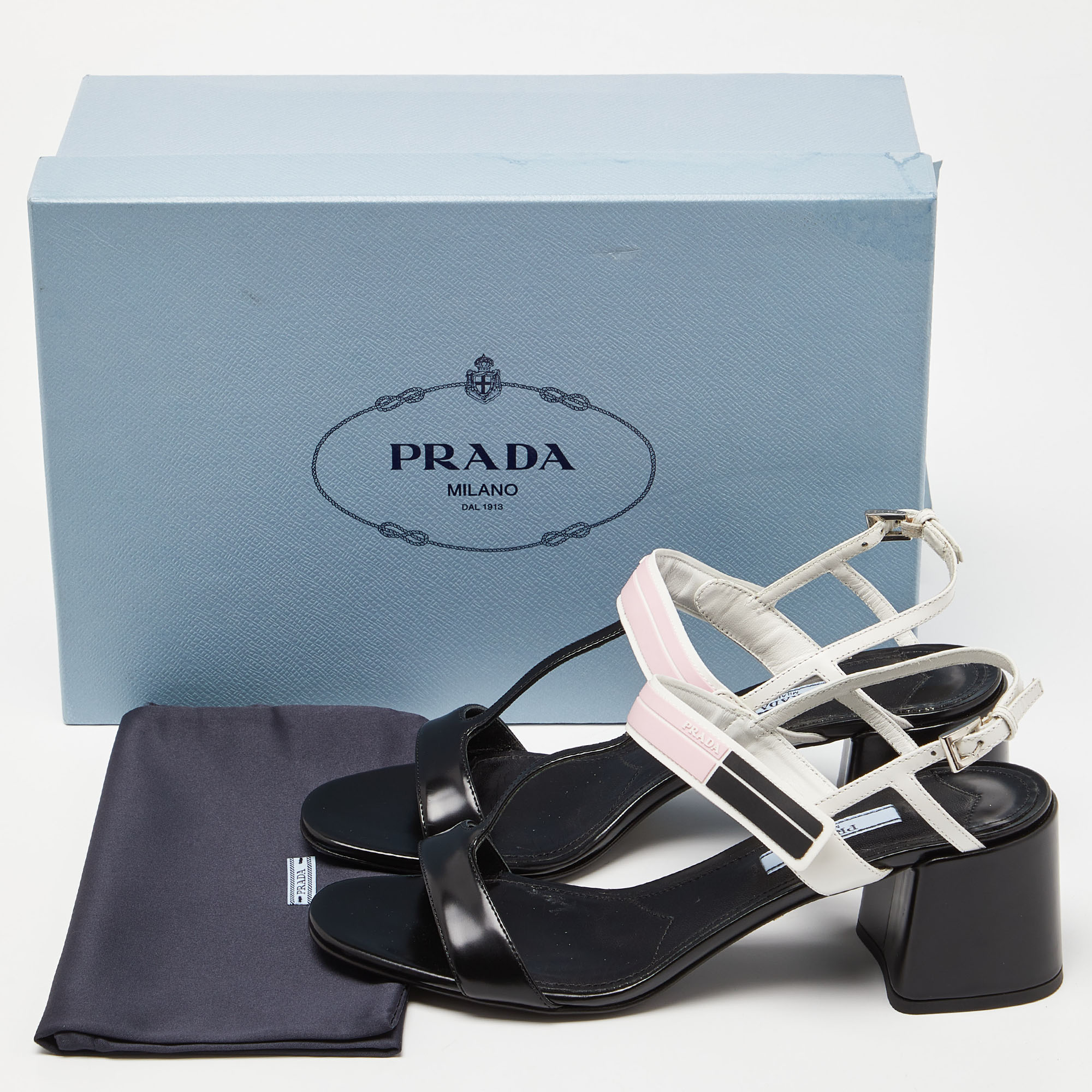 Prada White/Black Leather T-Strap Slingback Sandals Size 37.5