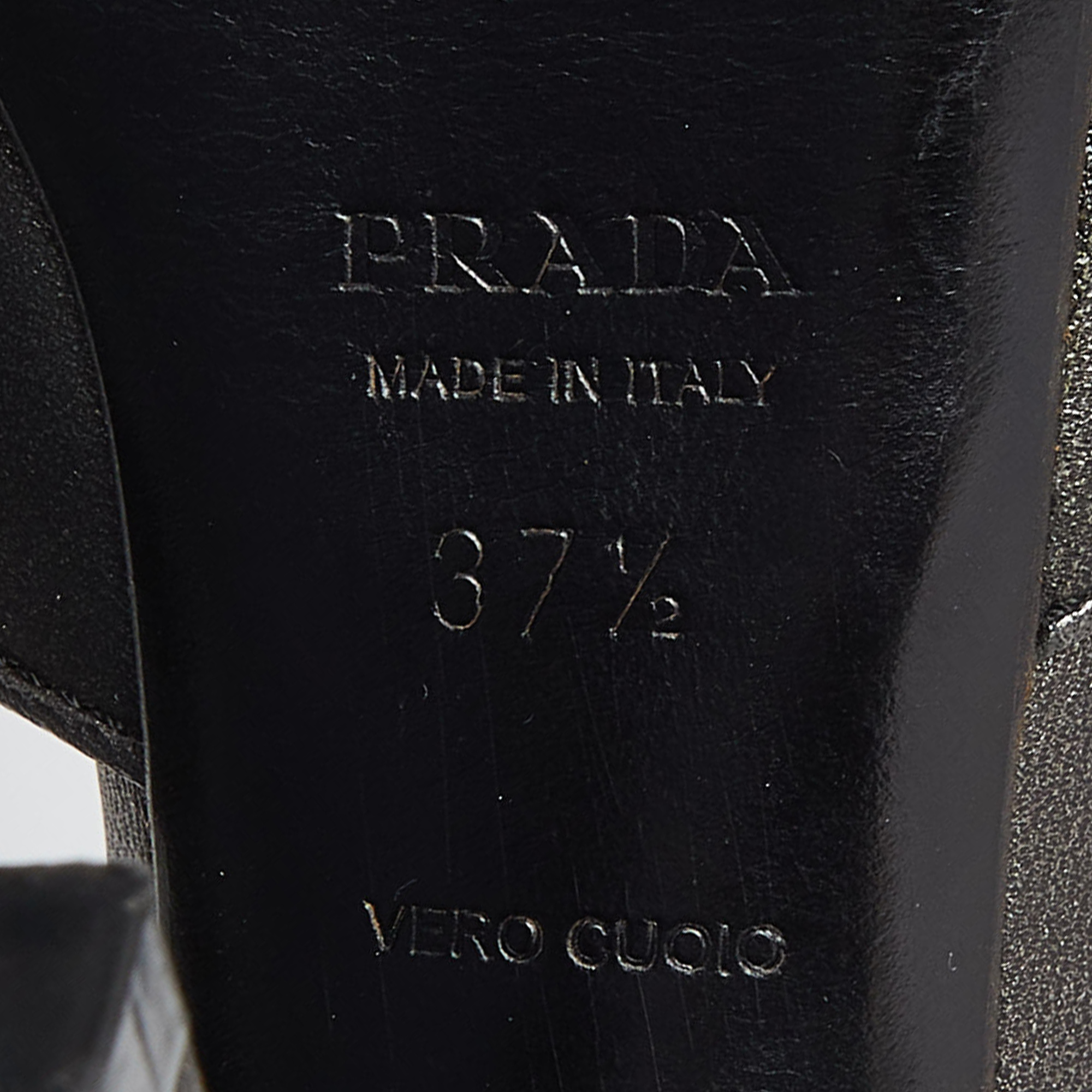 Prada Metallic Dark Grey Leather Ankle Strap Platform Sandals Size 37.5