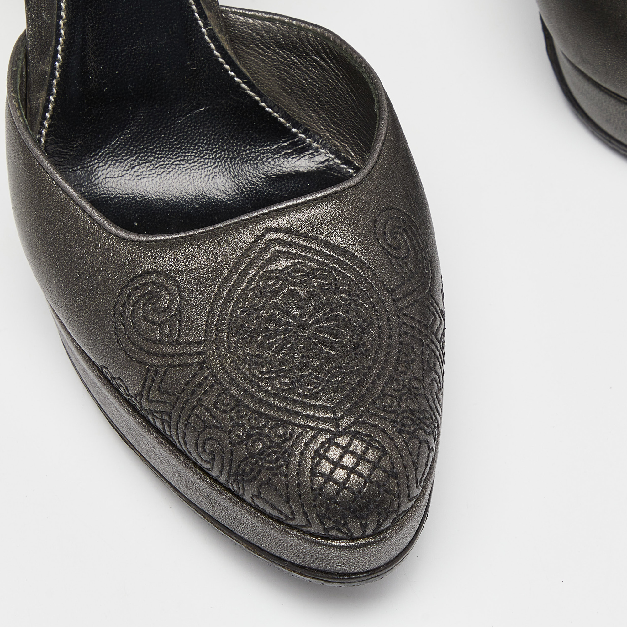 Prada Metallic Dark Grey Leather Ankle Strap Platform Sandals Size 37.5