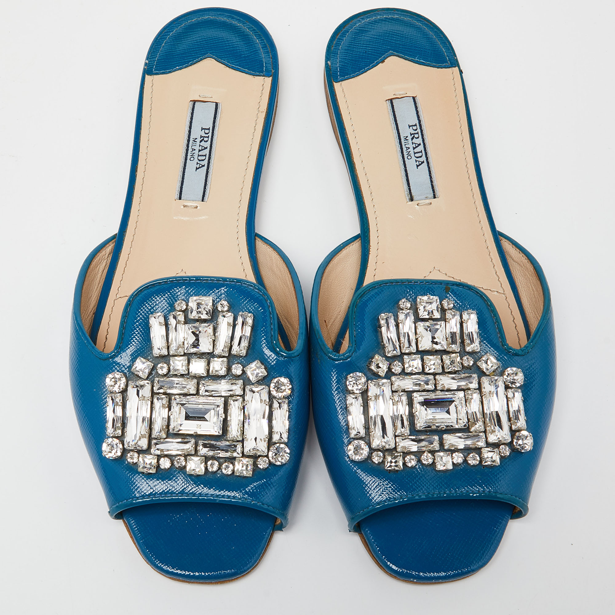 Prada Blue Patent Saffiano Leather Crystal Embellished Flat Slides Size 37