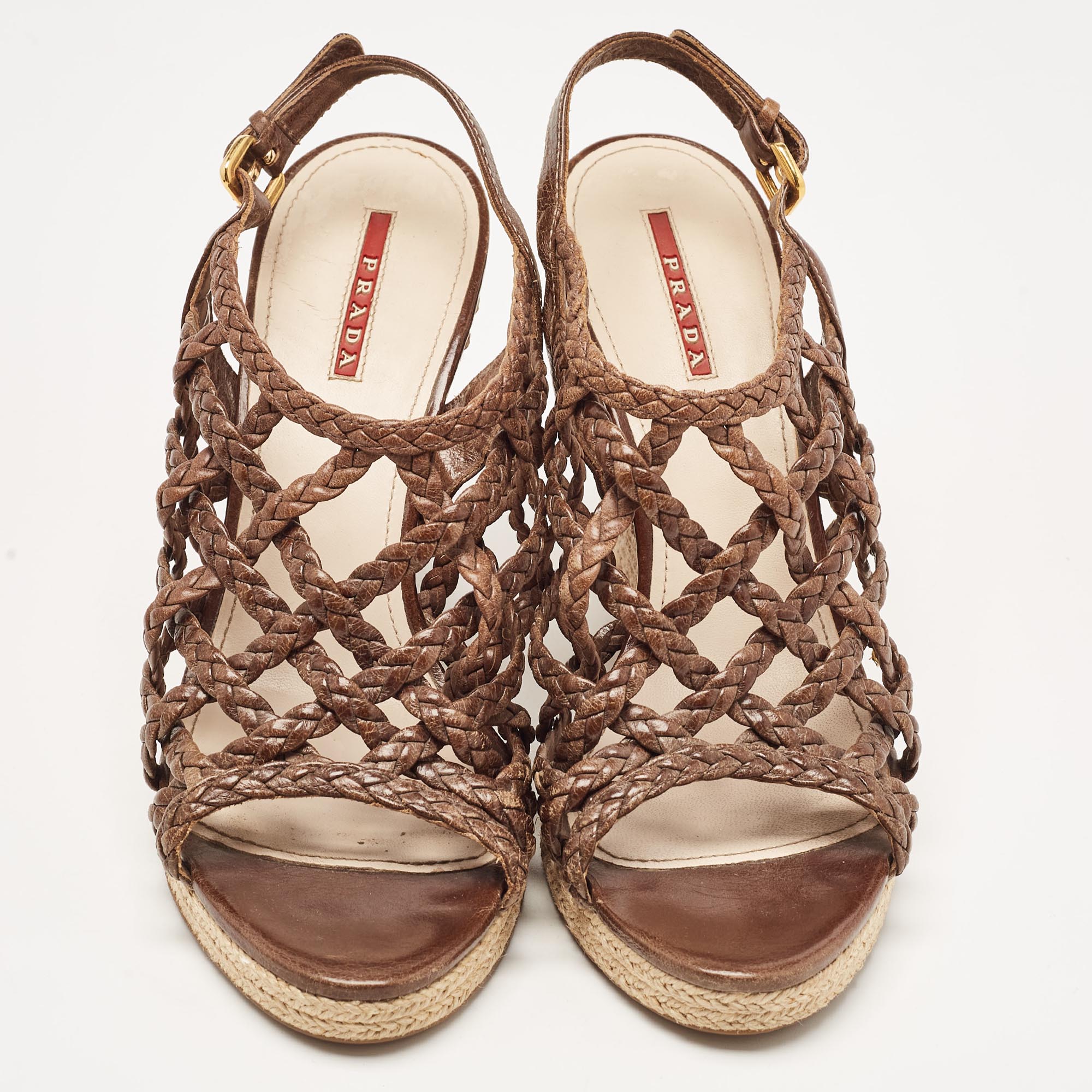 Prada Sport Brown Leather Braided Accents Wedge Espadrilles  Sandals Size 40.5
