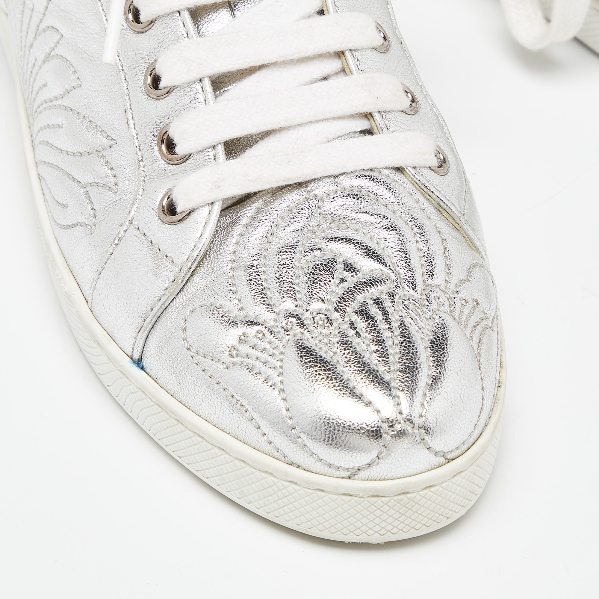 Prada Silver Embroidered Leather Low Top Sneakers Size 38