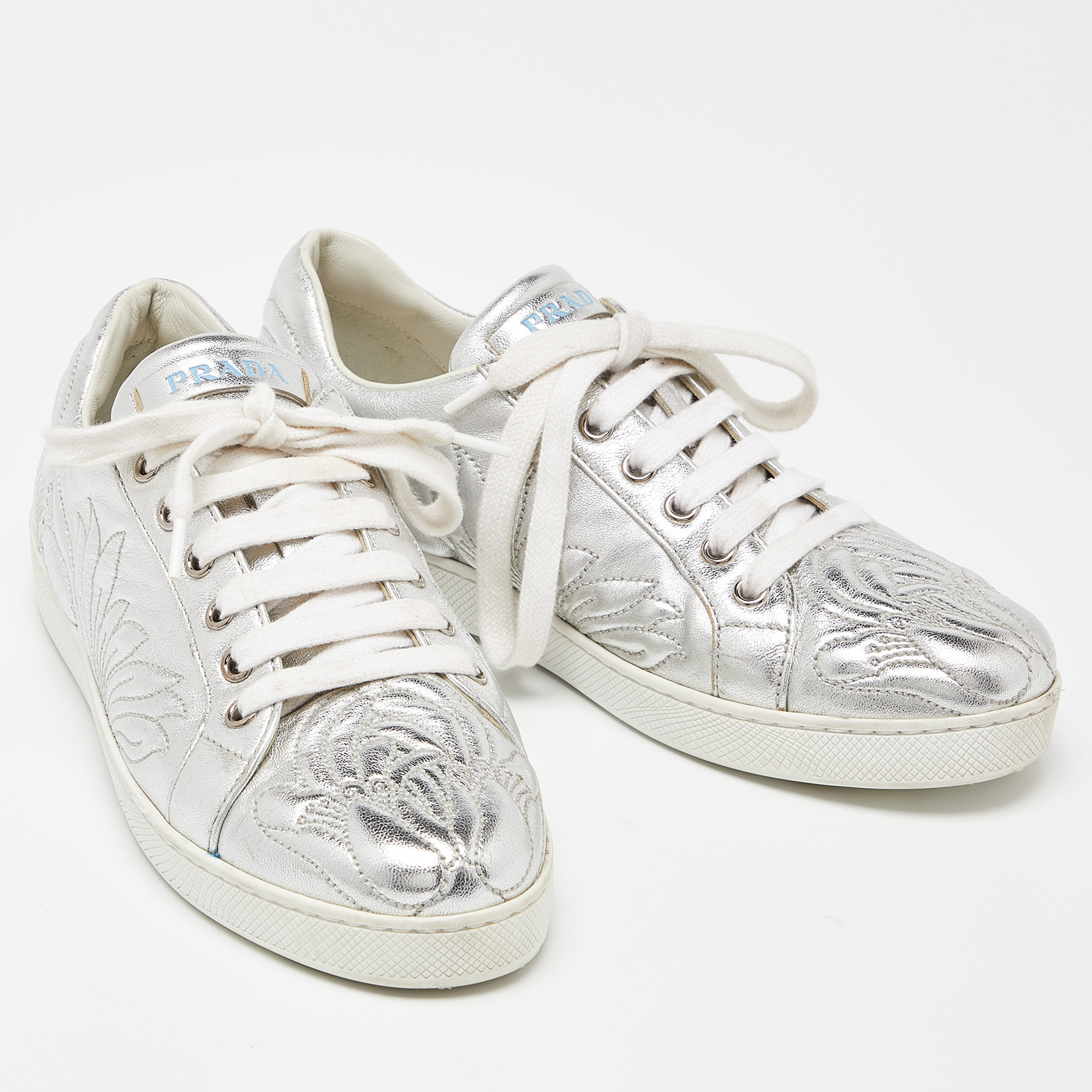 Prada Silver Embroidered Leather Low Top Sneakers Size 38