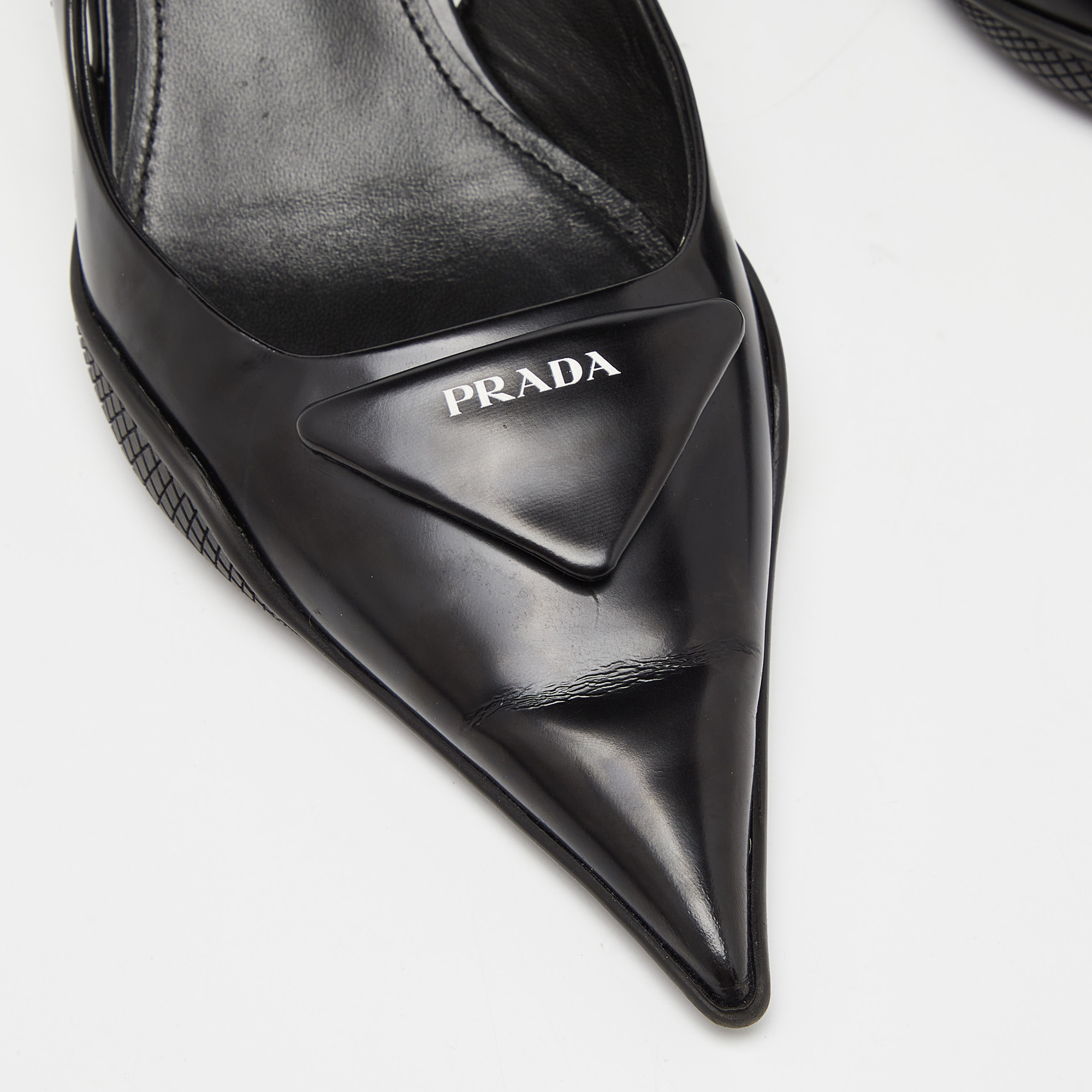 Prada Black Leather Triangle Logo Kitten Heel Slingback Sandals Size 37
