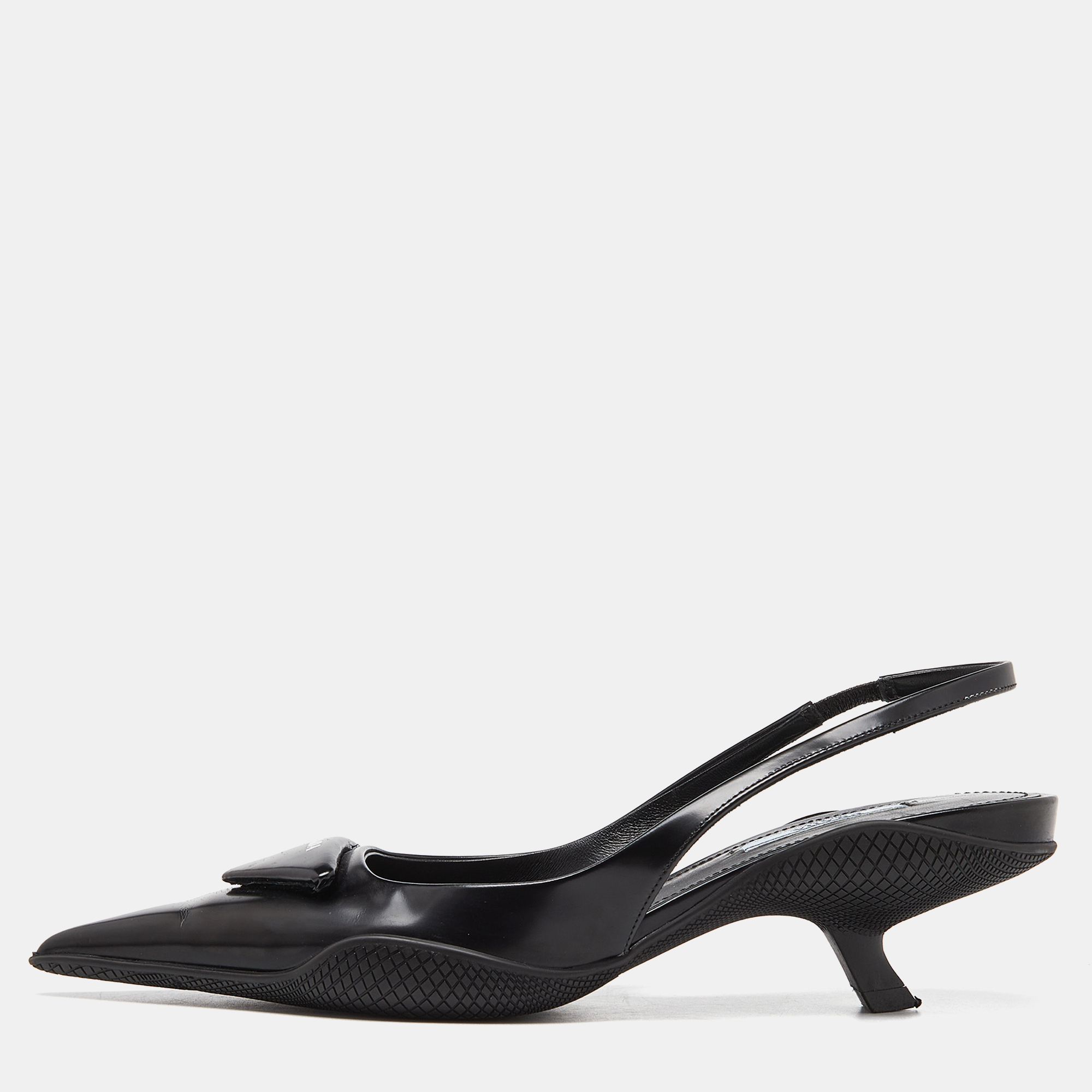 Prada Black Leather Triangle Logo Kitten Heel Slingback Sandals Size 37