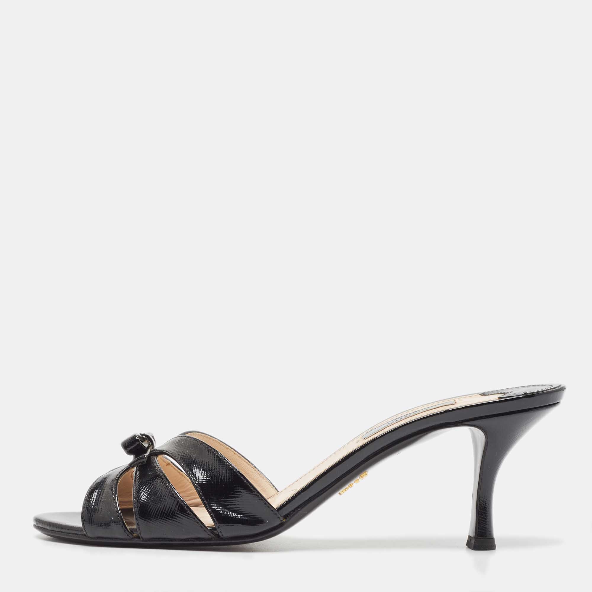 Prada Black Saffiano Leather Bow Slide Sandals Size 38.5