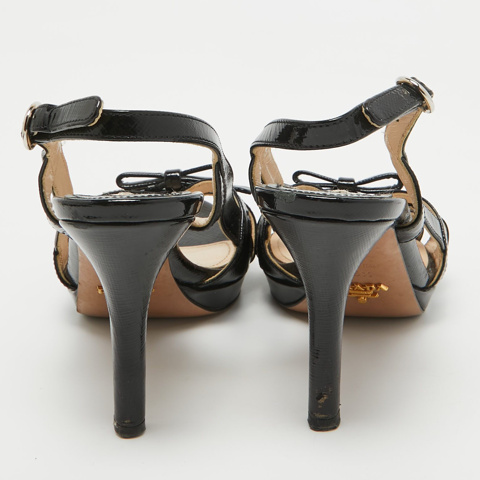 Prada Black Saffiano Patent Leather Bow Slingback Sandals Size 35.5