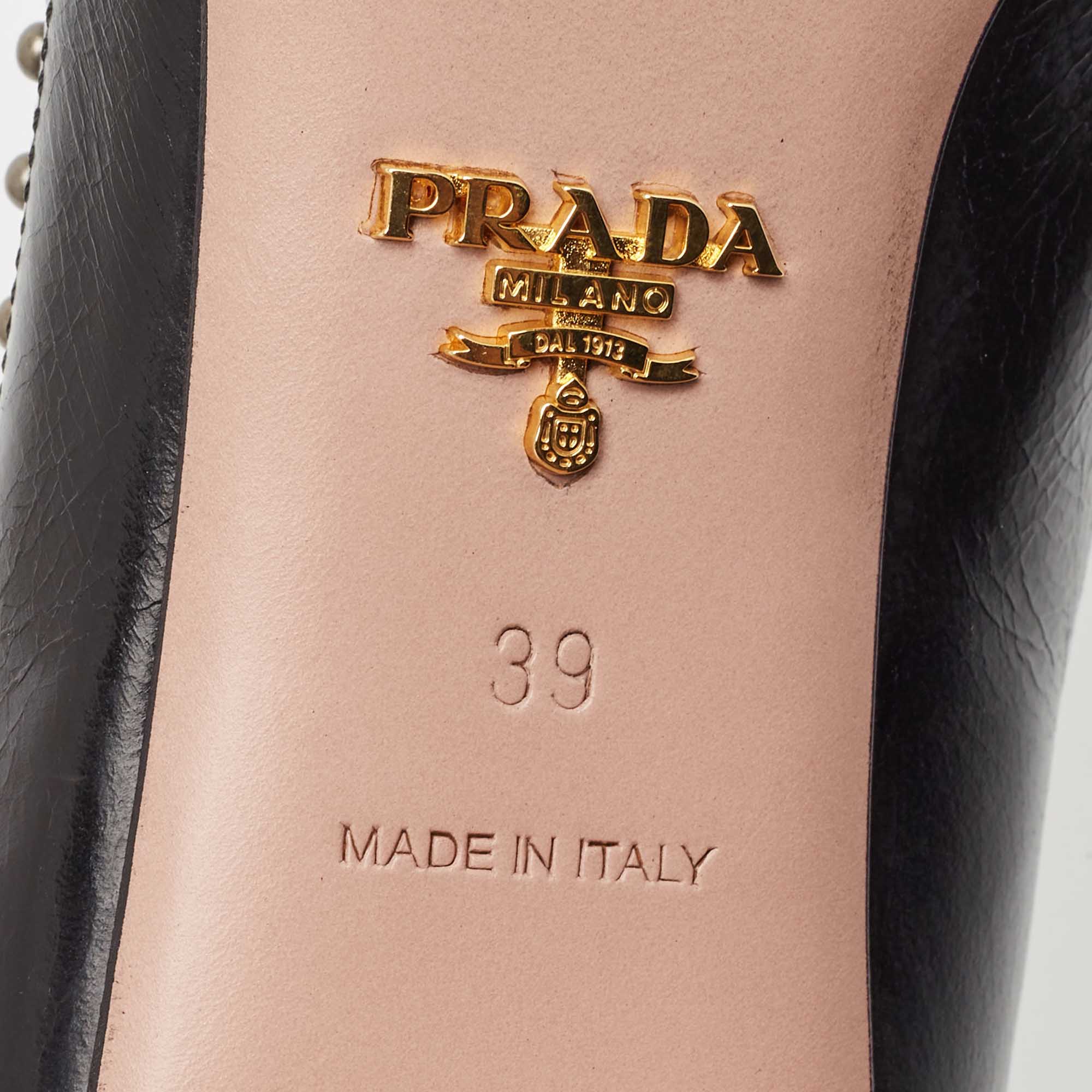 Prada Black Leather Studded Round Toe Pumps Size 39