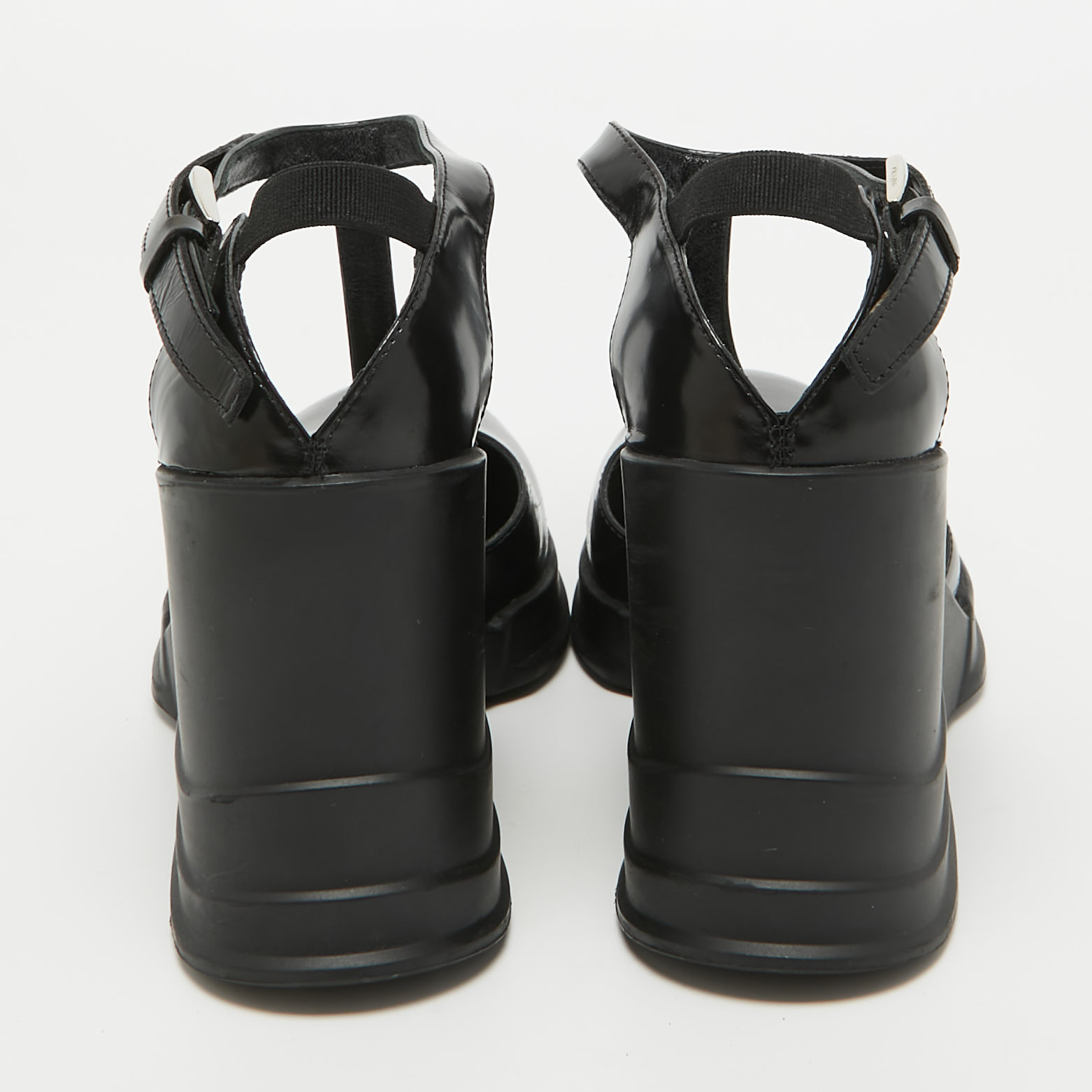 Prada Black Leather T-Strap Wedge Sandals Size 39.5