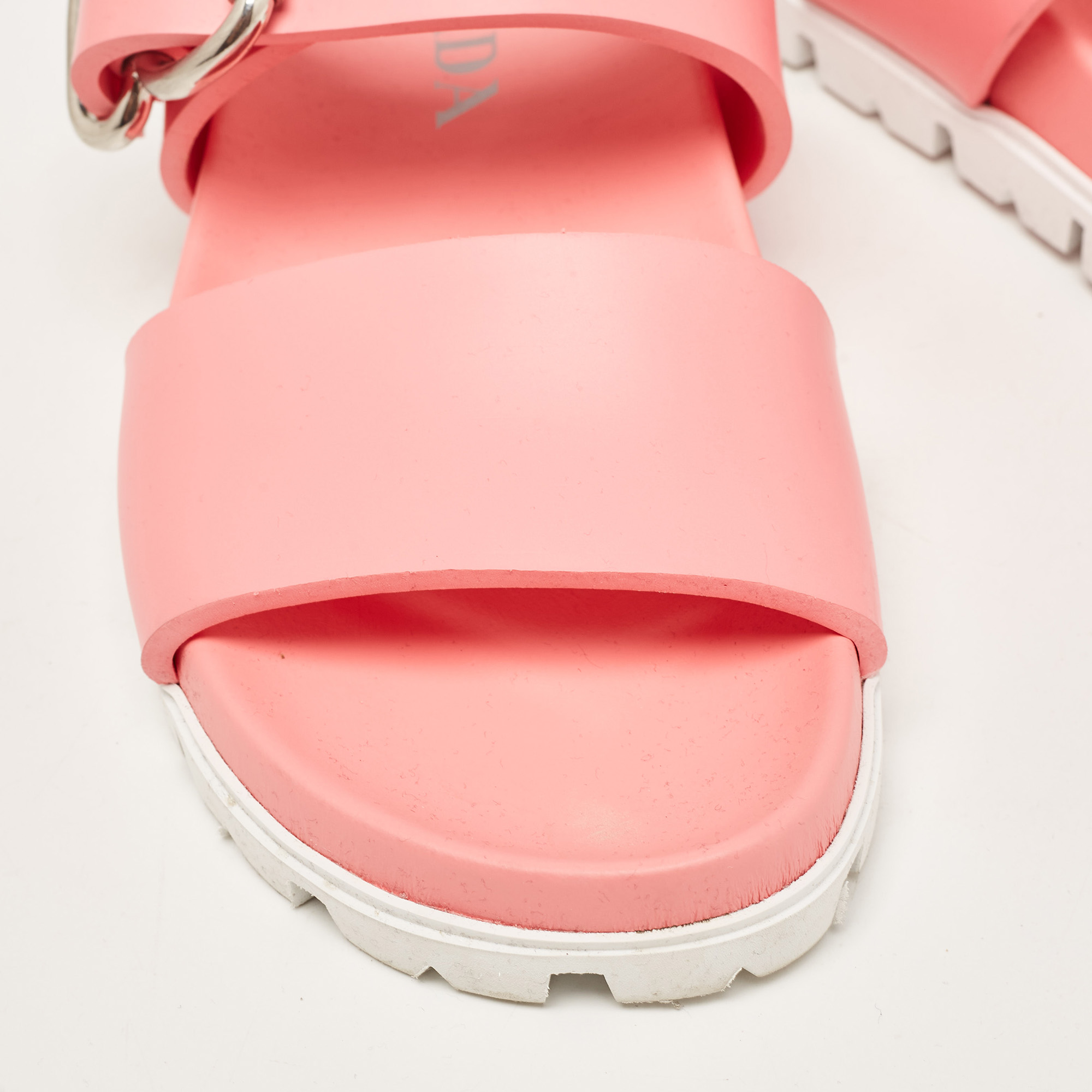 Prada Pink Rubber Buckle Detail Slides Size 36