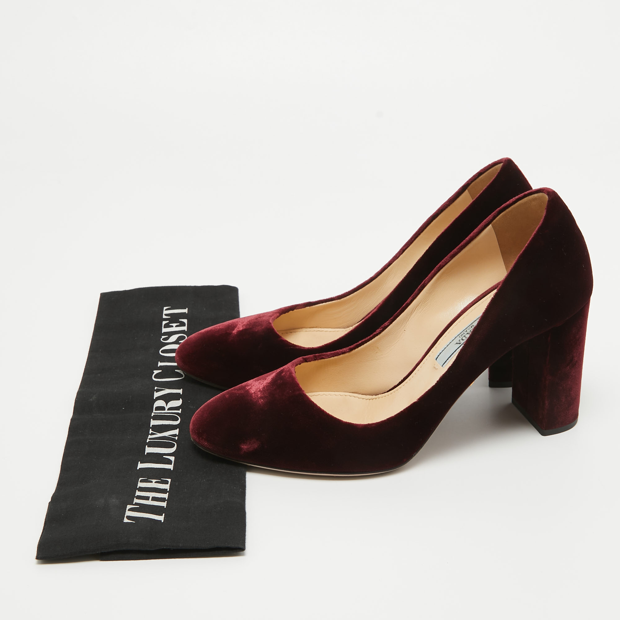 Prada Burgundy Velvet Pointed Toe Block Heel Pumps Size 35.5