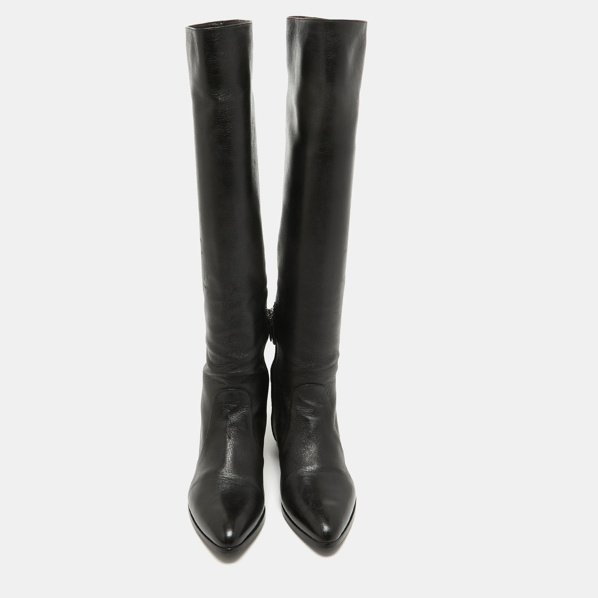 Prada Black Leather Knee High Block Heel Boots Size 36