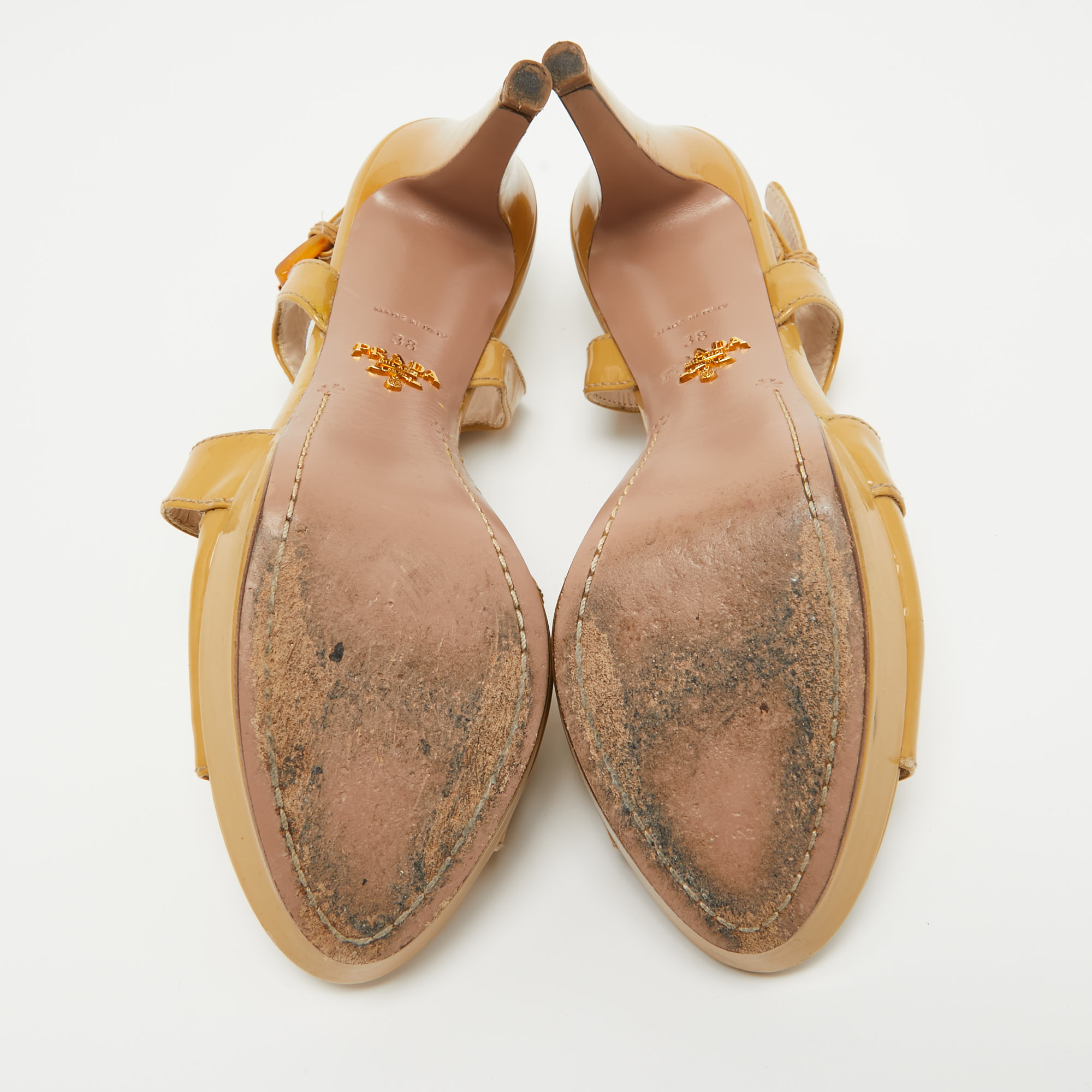 Prada Beige Patent Leather Platform Ankle Strap Sandals Size 38