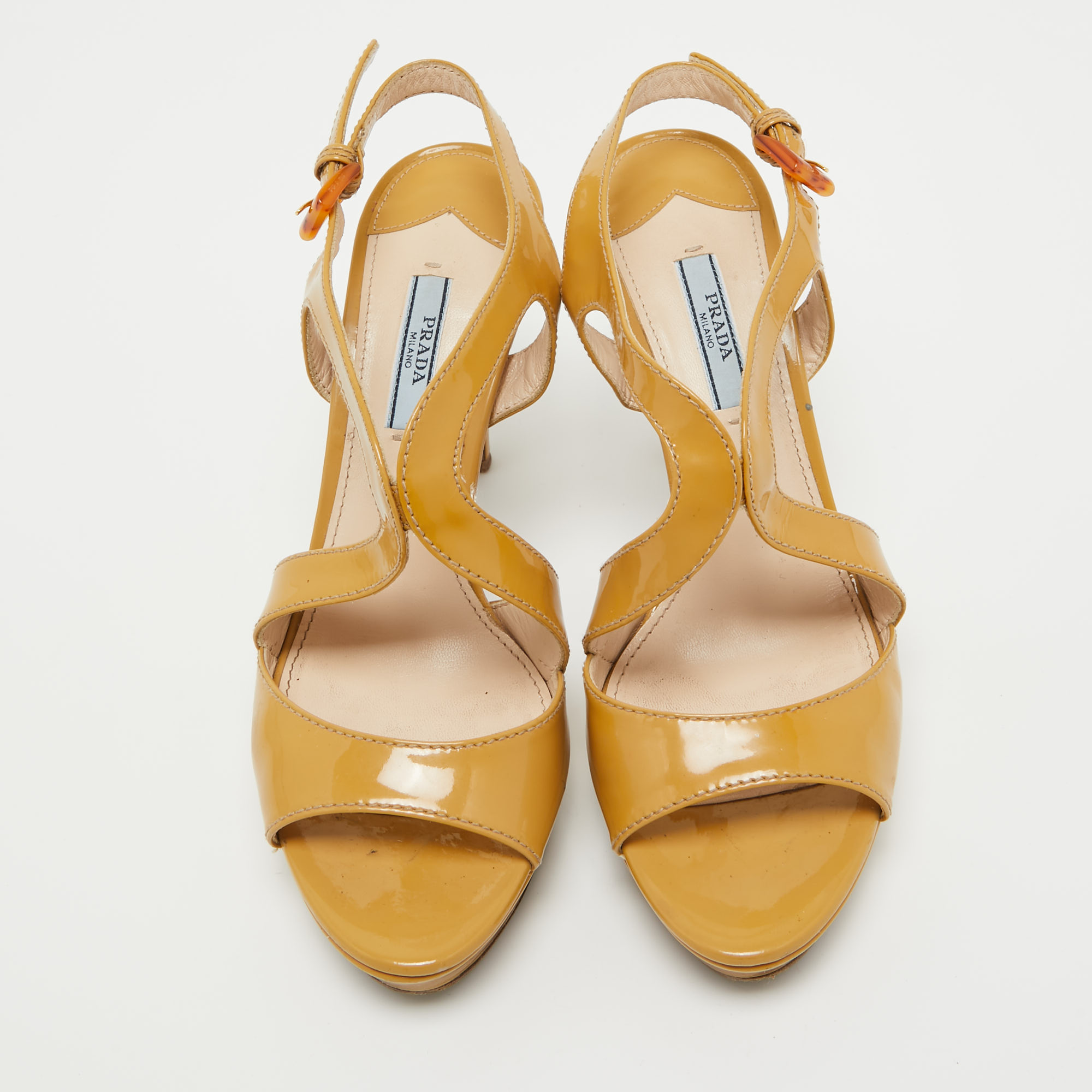 Prada Beige Patent Leather Platform Ankle Strap Sandals Size 38